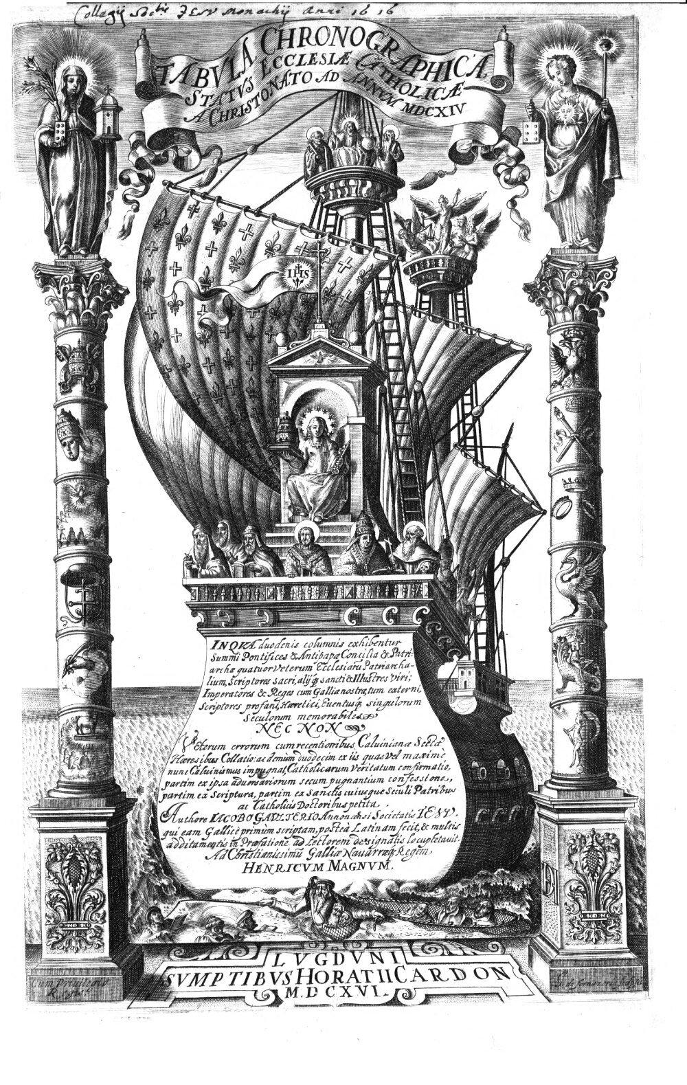 Tabvla Chronographica Statvs Ecclesiae Catholicae :a Christo Nato Ad Annvm MDCXIV ; In Qva duodenis columnis exhibentur Summi Pontifices & Antipapae, Concilia & Patriarchae quatuor Veterum Ecclesiarum Patriarchalium, Scriptores sacri, alijq[ue] sancti & Illustres viri, ... Nec Non Vetervm errorum cum recentioribvs Calvinianae Sectae Haeresibus Collatio ...