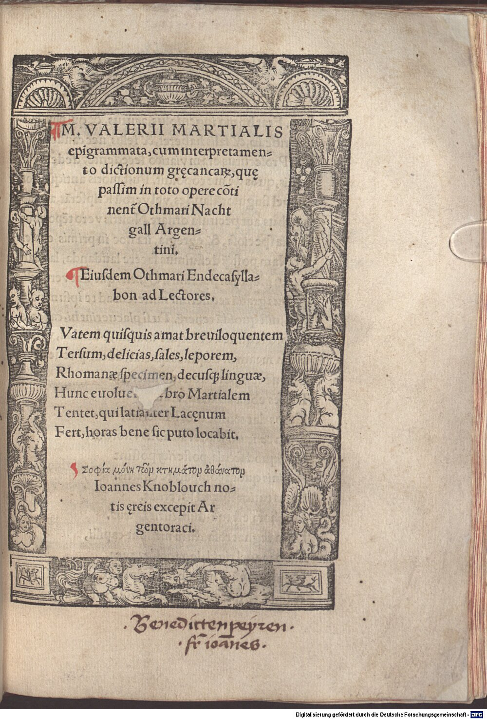 Martialis, Marcus Valerius: M. Valerii Martialis epigrammata Argentoraci 1515 (Res/4 A.lat.a. 608#Beibd.1)