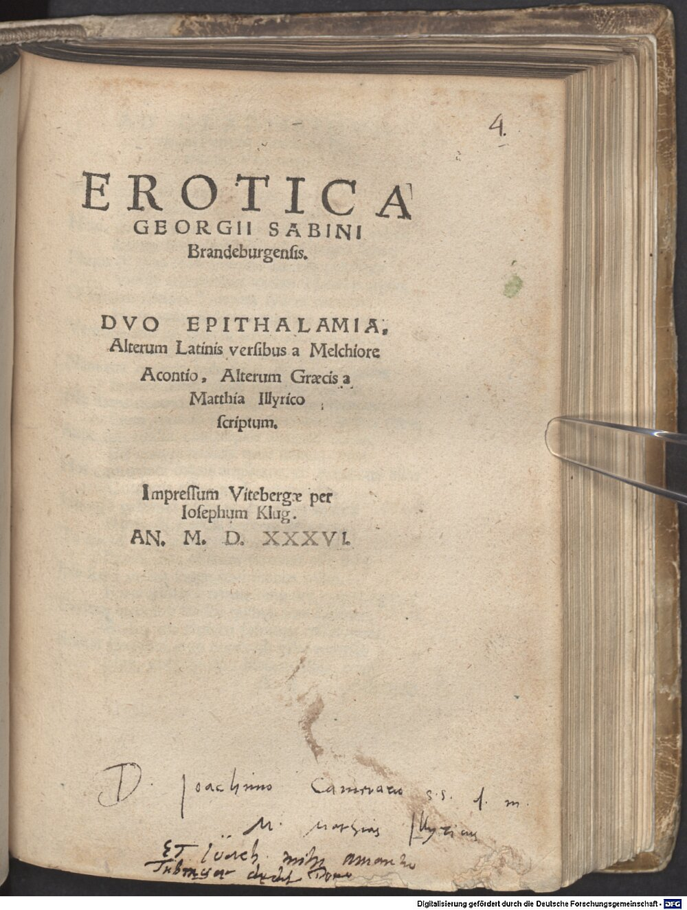 Acontius, Melchior: Erotica Gorgii Sabini Brandenburgensis Viteberga 1536 (Res/4 P.o.lat. 474#Beibd.4)