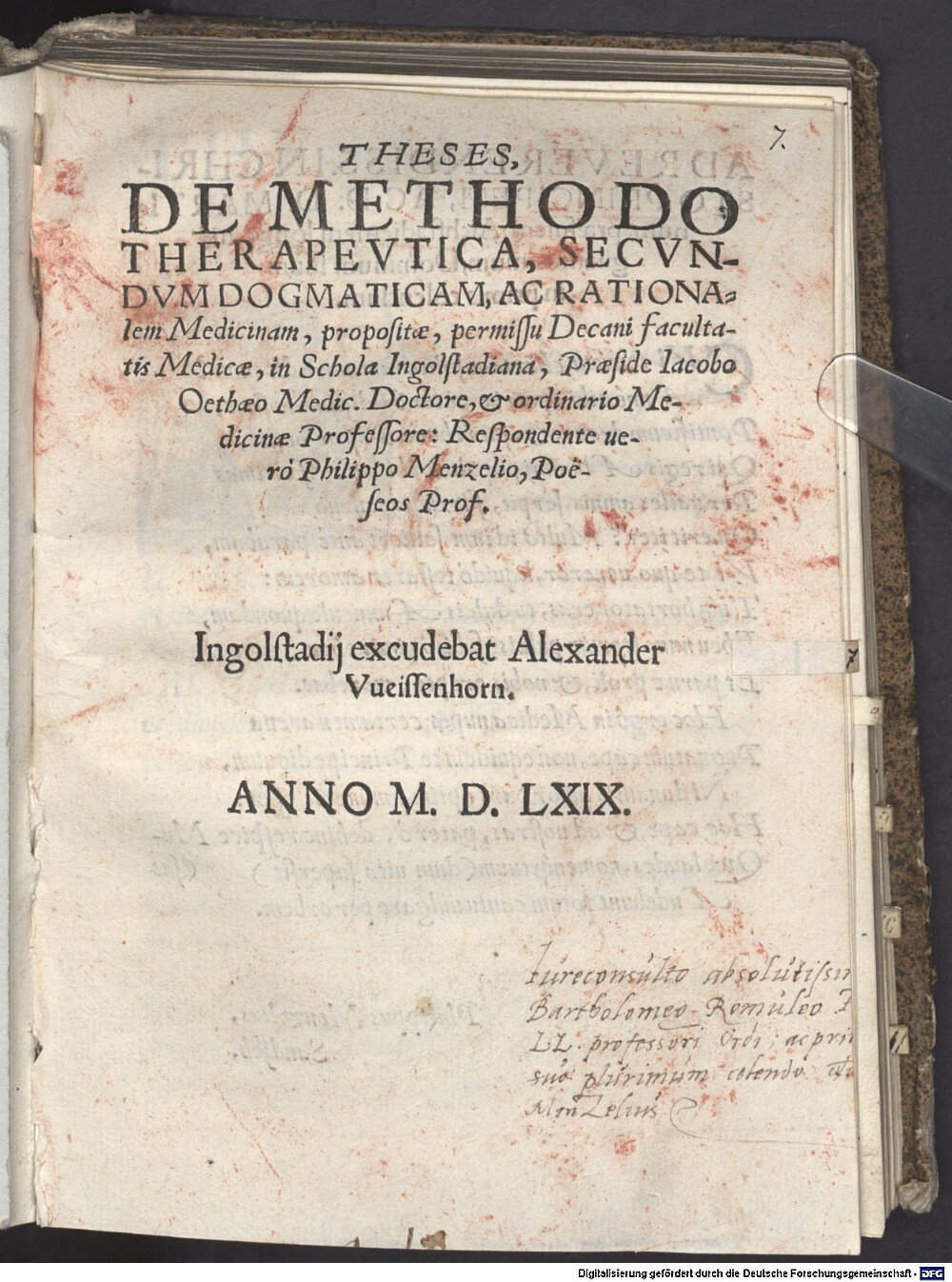 Oetheus, Jakob: Theses, De Methodo Therapevtica, Secvndvm Dogmaticam, Ac Rationalem Medicinam Ingolstadii 1569 (4 Diss. 4529#Beibd.7)