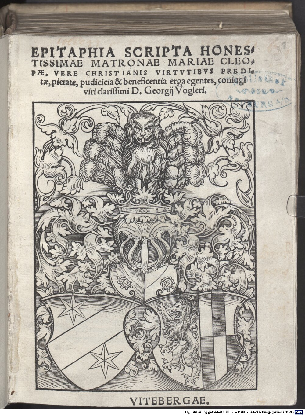: Epitaphia scripta honestissimae matronae Mariae Cleopae ... Viteberga 1542 (4 L.impr.c.n.mss. 1024)