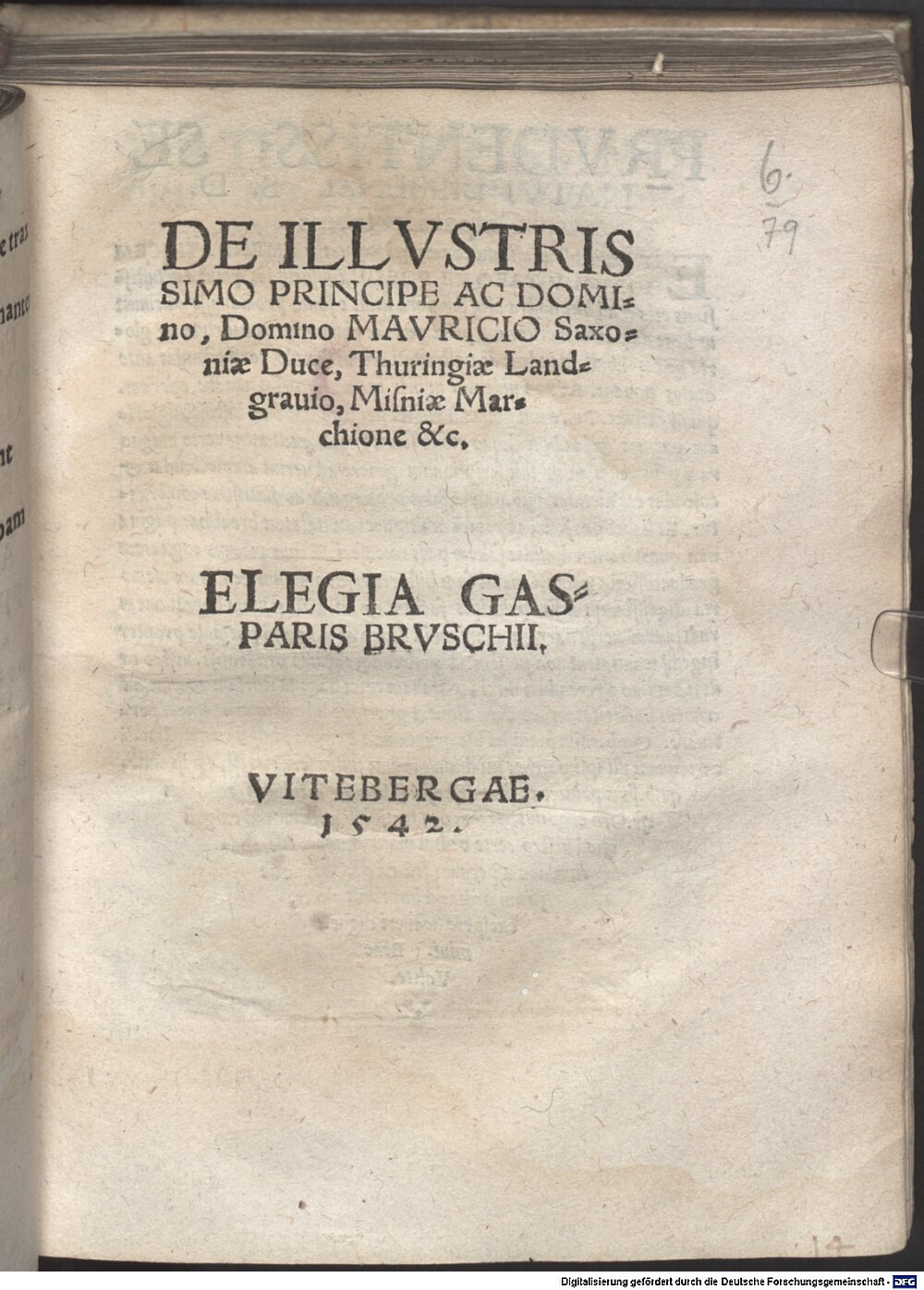 Brusch, Kaspar: De illustrissimo Principe ac Domino, Domino Mauricio Saxonum Duce, Thuringiae landgravio, Misniae Marchione ... Viteberga 1542 (4 L.impr.c.n.mss. 1024#Beibd.6)