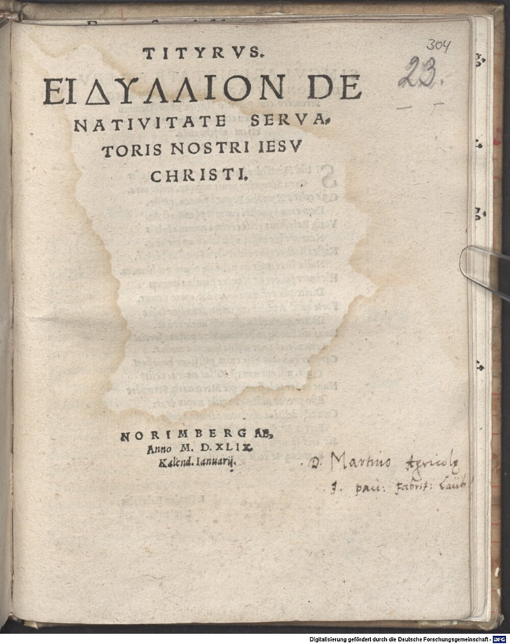 Fabricius, Paulus: Tityrus Eydillion de nativitate Servatoris nostri Jesu Christi Norimbergae 1549 (4 L.impr.c.n.mss. 1024#Beibd.23)