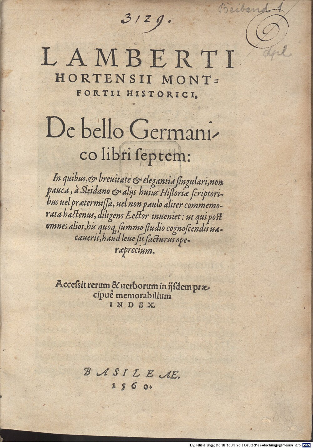Hortensius, Lambertus: Lamberti Hortensii Montfortii Historici, De bello Germanico libri septem Basileae 1560 (Res/4 M.med. 276)