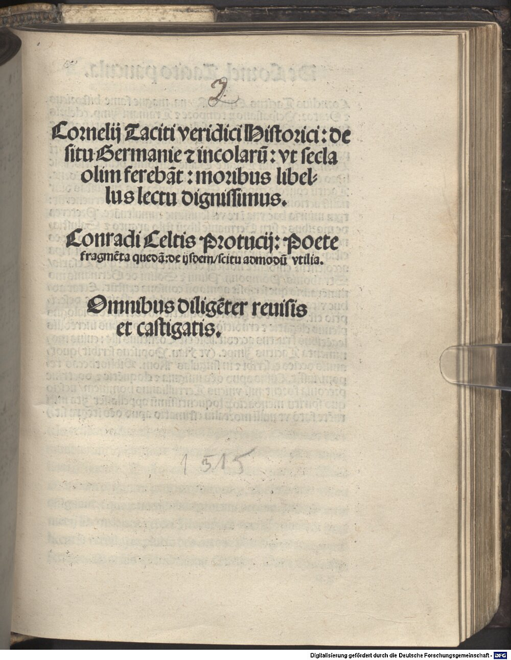 Tacitus, Cornelius: De situ, moribus et populis Germanorum Vienna 1515 (4 P.lat. 862#Beibd.2)