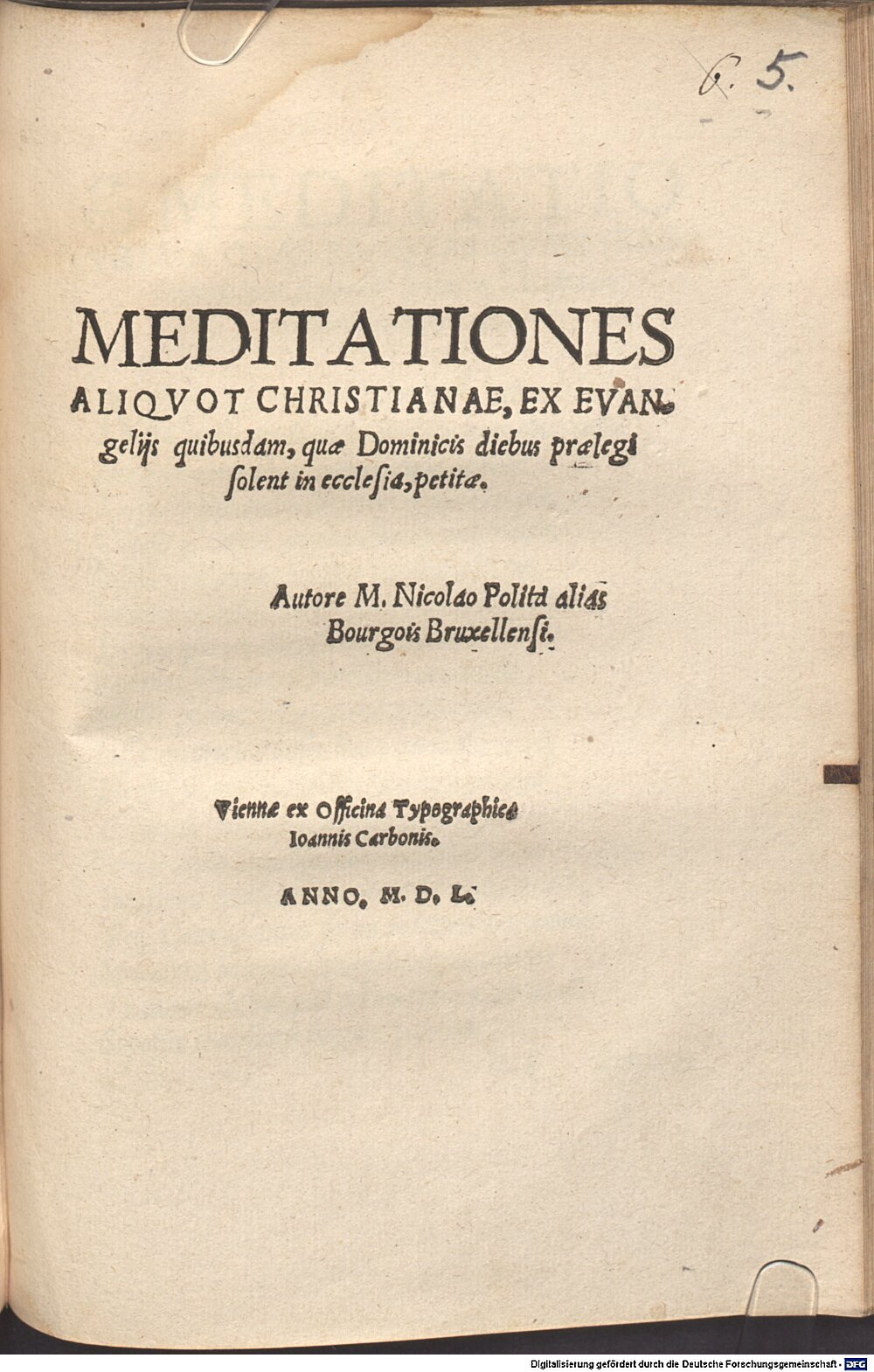 Polita, Nicolas: Meditationes aliquot christianae Vienna 1550 (Res/4 A.lat.a. 213#Beibd.5)