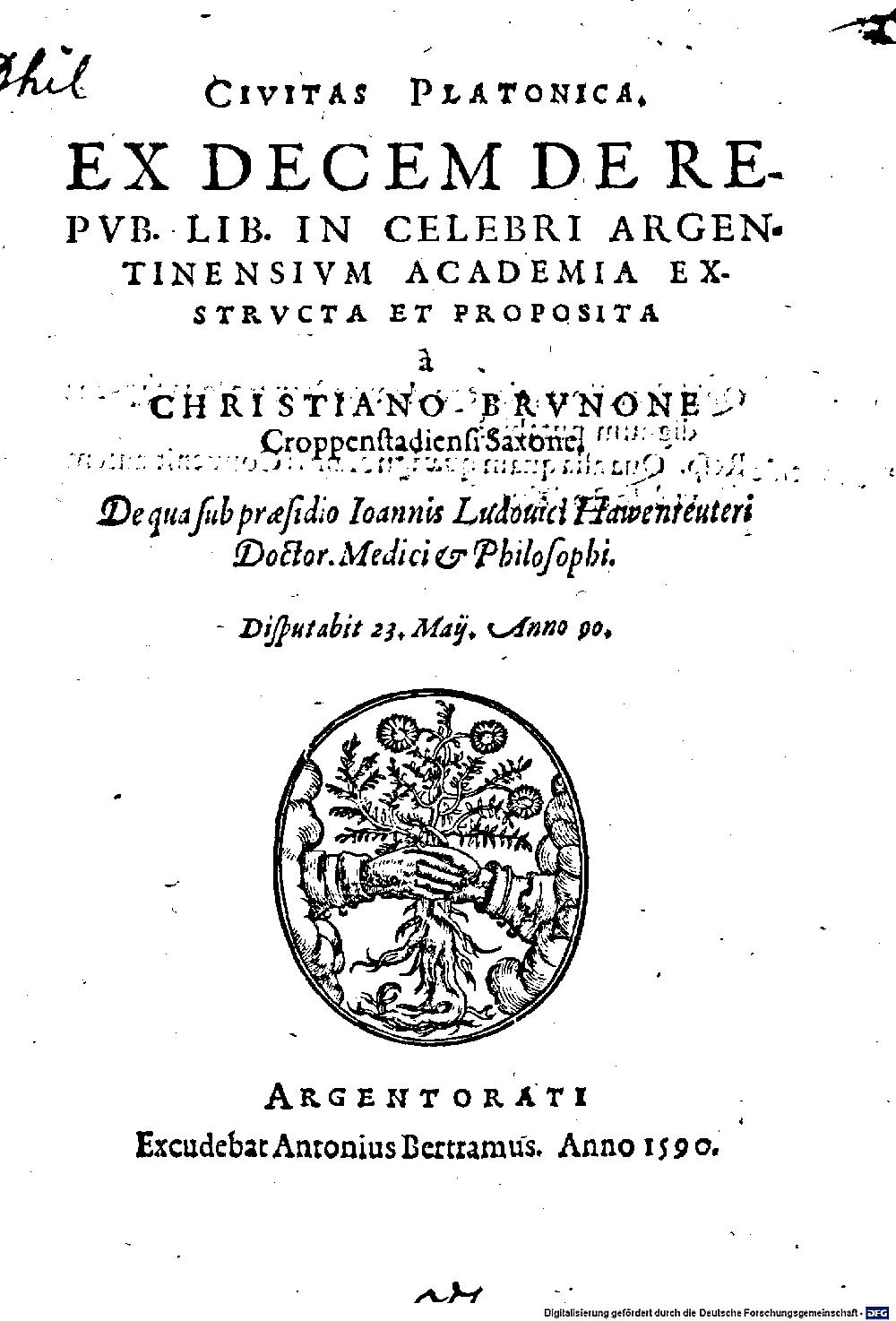 Havenreuter, Johann Ludwig: Civitas Platonica Argentorati 1590 (4 Diss. 1868#Beibd.8)