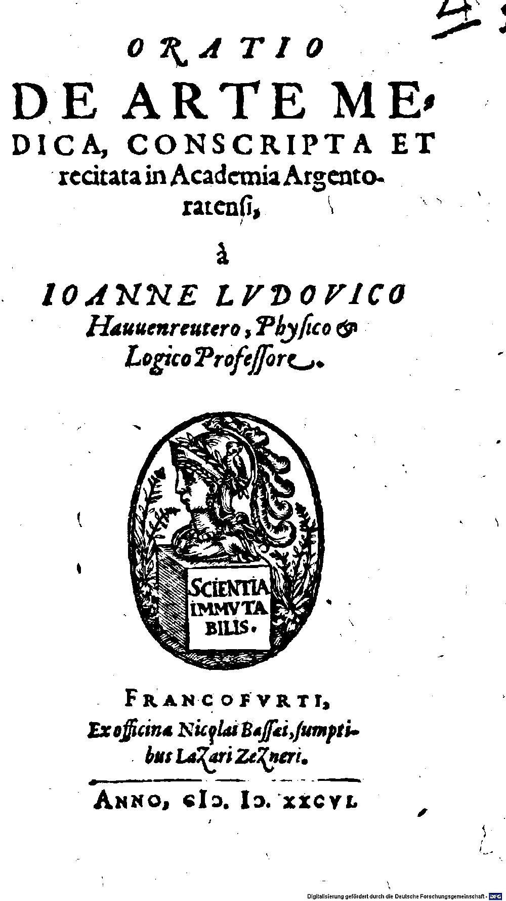 Havenreuter, Johann Ludwig: Oratio de Arte Medica Francofvrti 1586 (Anat. 87 m#Beibd.4)
