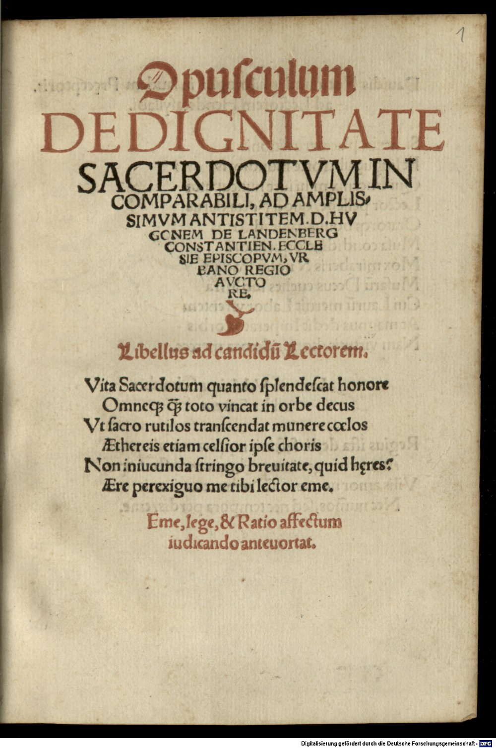 Rhegius, Urbanus: Opusculum De Dignitate Sacerdotvm Incomparabili Augustae Vindelicorum 1519 (4 Polem. 621#Beibd.1)