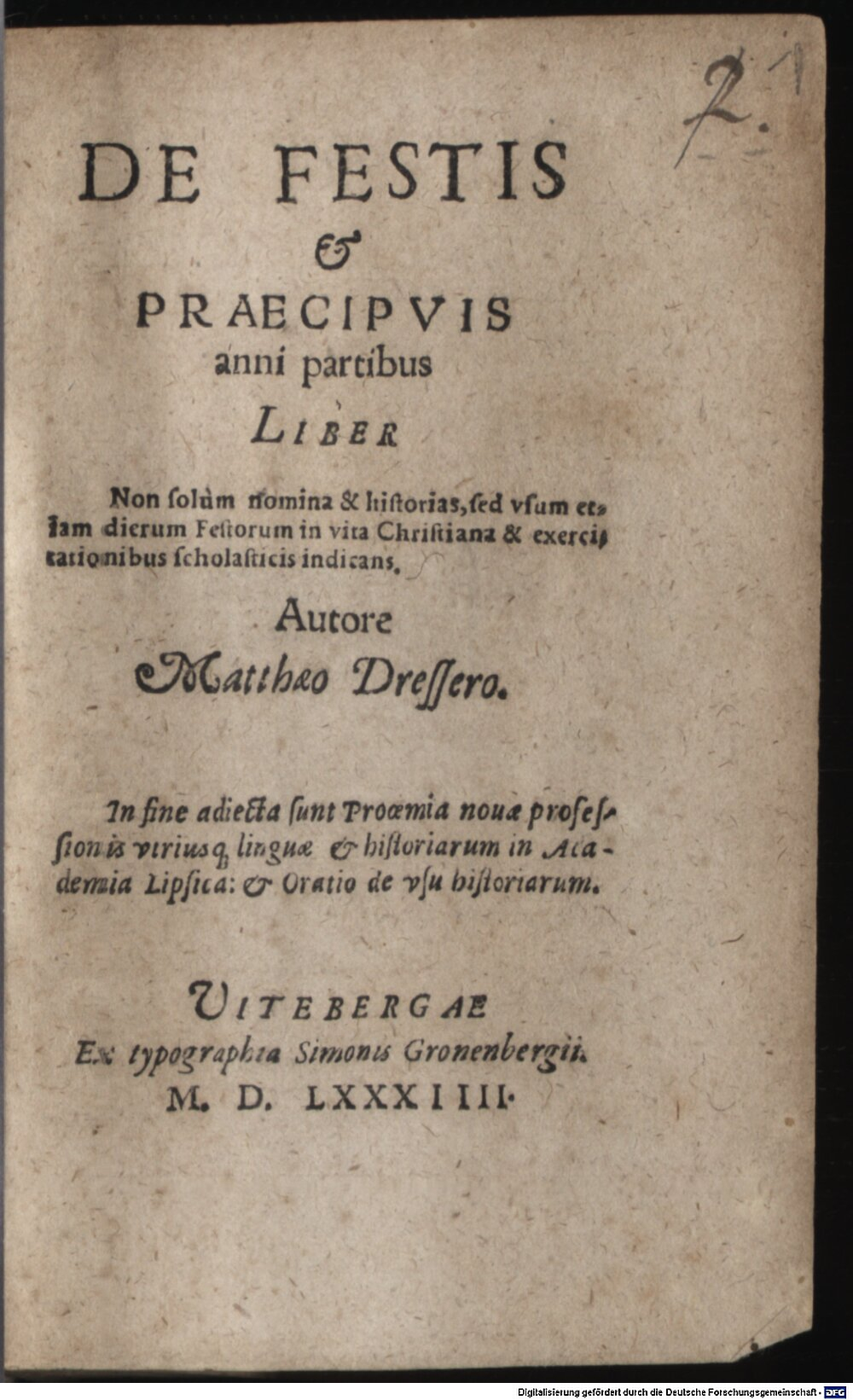 Dresser, Matthaeus: De festis in praecipuis anni partibus liber Viteberga 1584 (Polem. 1359#Beibd.1)