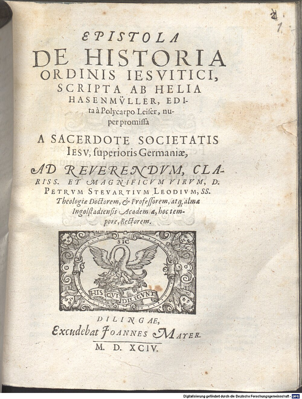 Gretser, Jacob: Epistola De Historia Ordinis Iesvitici Dilingae 1594 (4 Jes. 93#Beibd.1)