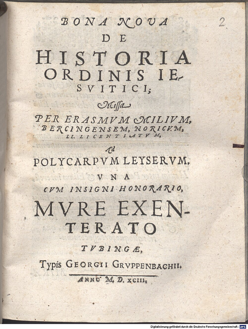 Gretser, Jacob: Bona Nova De Historia Ordinis Iesvitici Tvbingae 1593 (4 Jes. 93#Beibd.2)