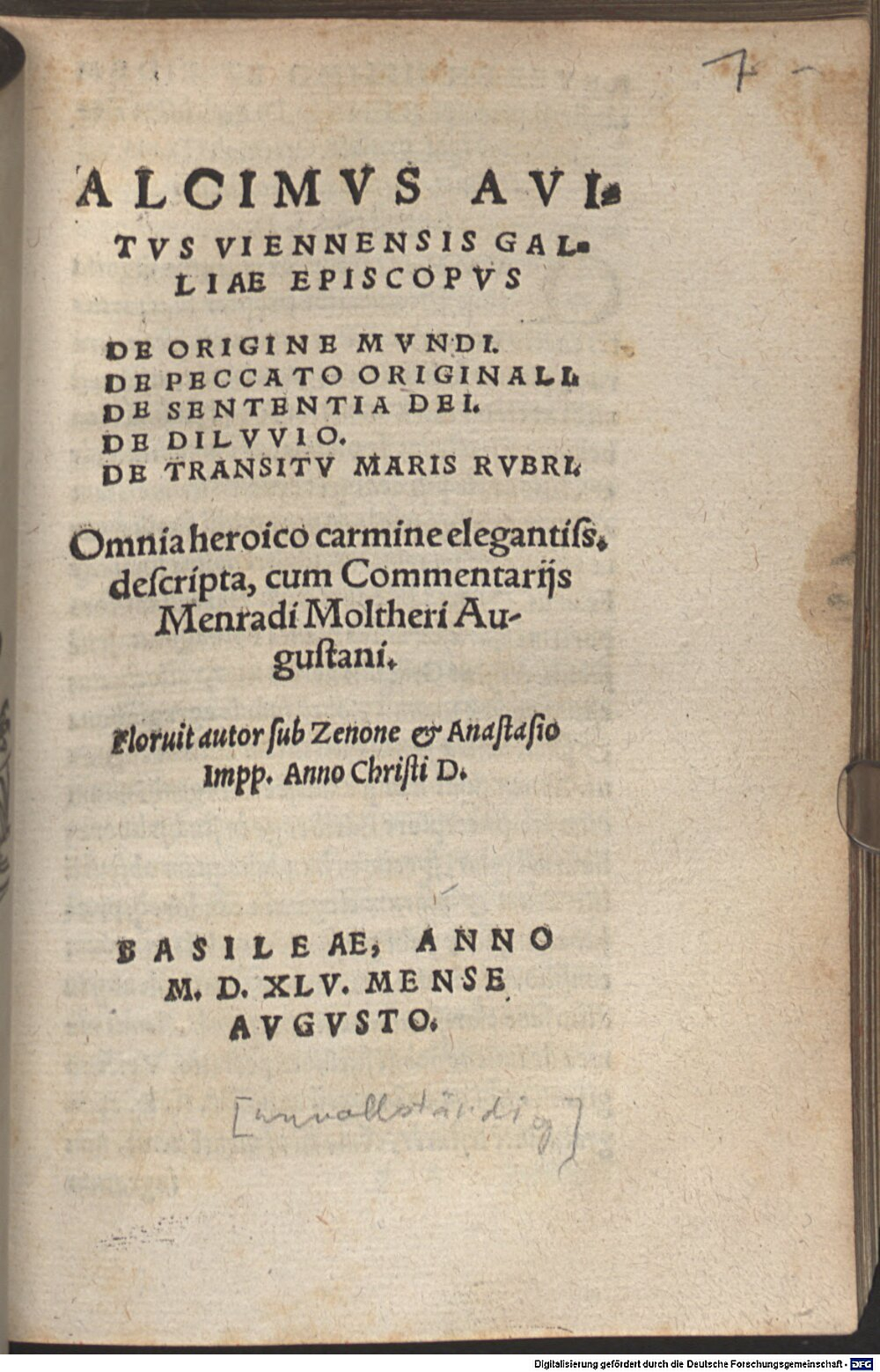 Avitus, Alcimus Ecdicius: Alcimvs Avitvs Viennensis Galliae Episcopvs De Origine Mvndi Basileae 1545 (A.lat.a. 15#Beibd.1)