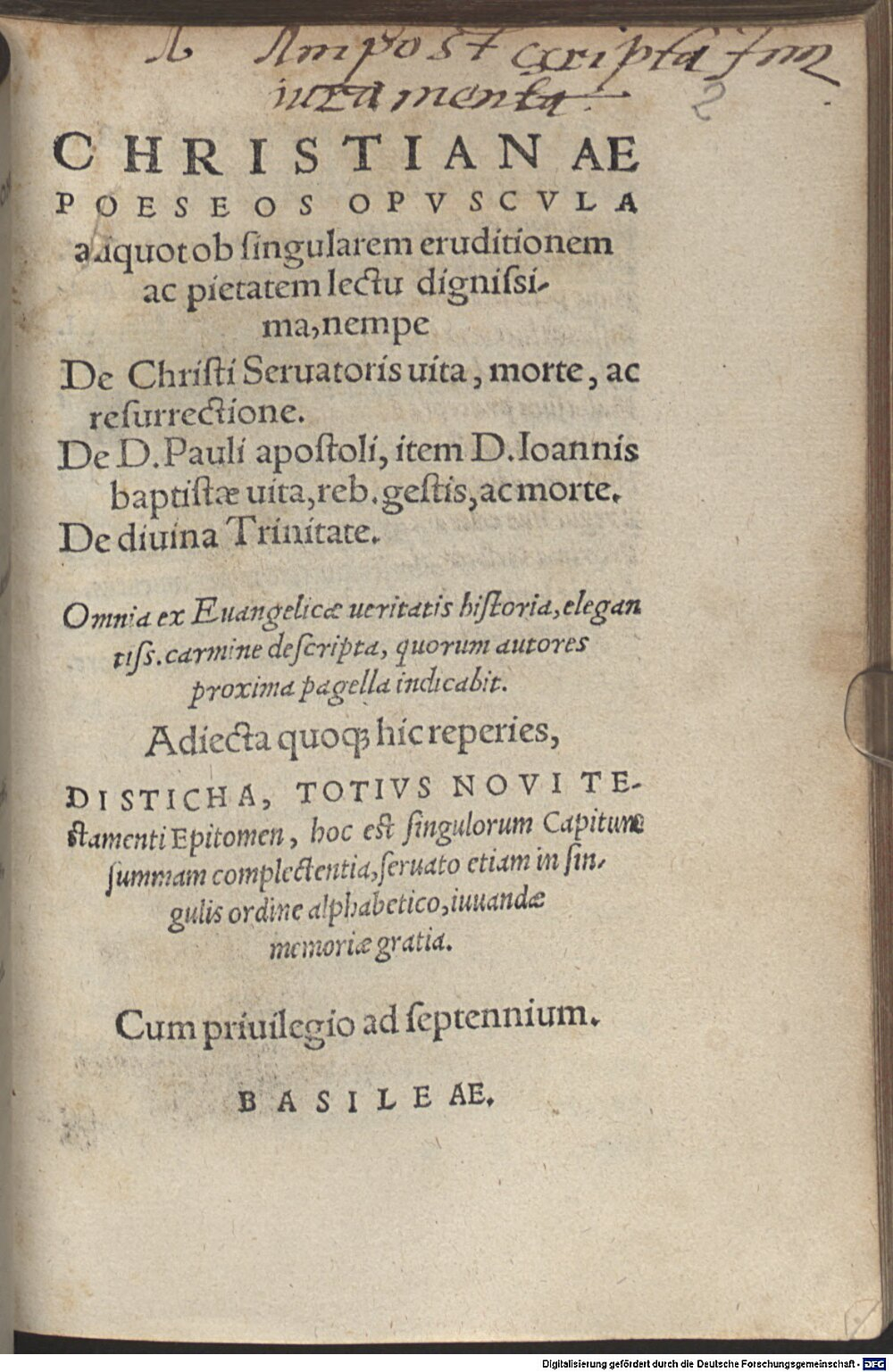 : Christianae Poeseos opuscula Basilea 1552 (A.lat.a. 15#Beibd.2)