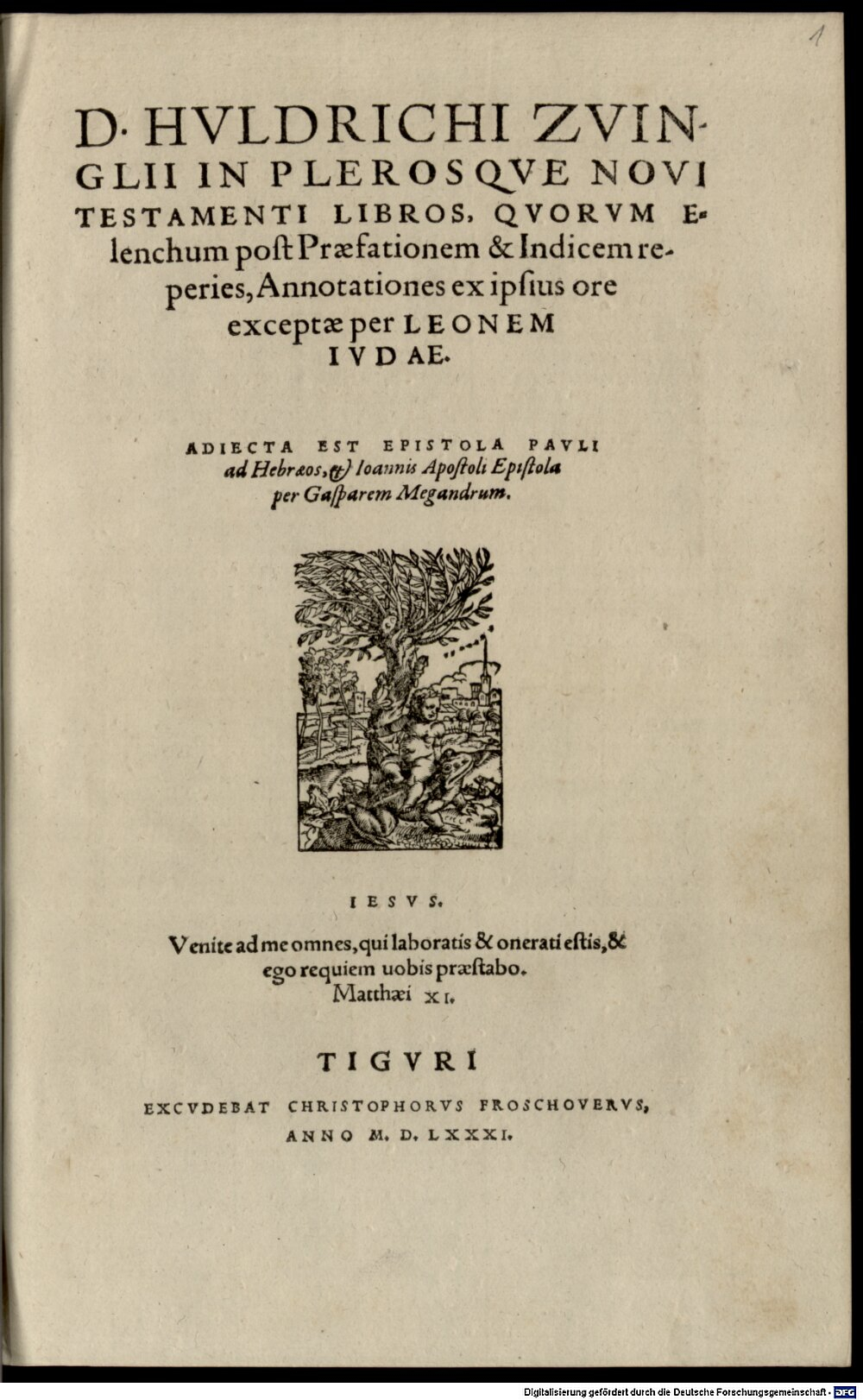 Zwingli, Ulrich: D. Hvldrichi Zvinglii In Plerosqve Novi Testamenti Libros Tigvri 1581 (Res/2 Th.u. 157-3#Beibd.1)