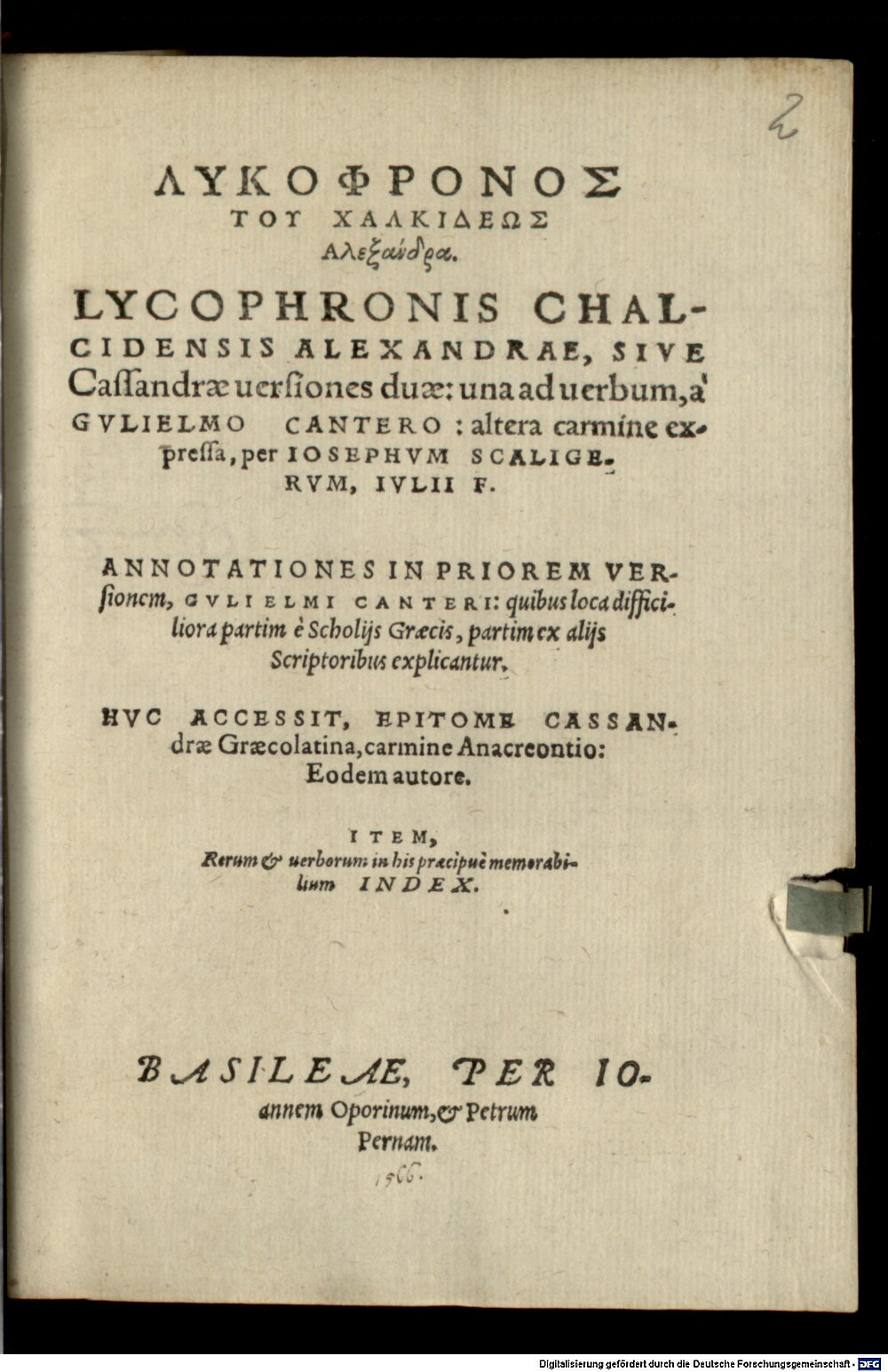 Lycophron: Lykophronos tu Chalkide?s Alexandra Basilea 1566 (4 A.gr.a. 681#Beibd.2)