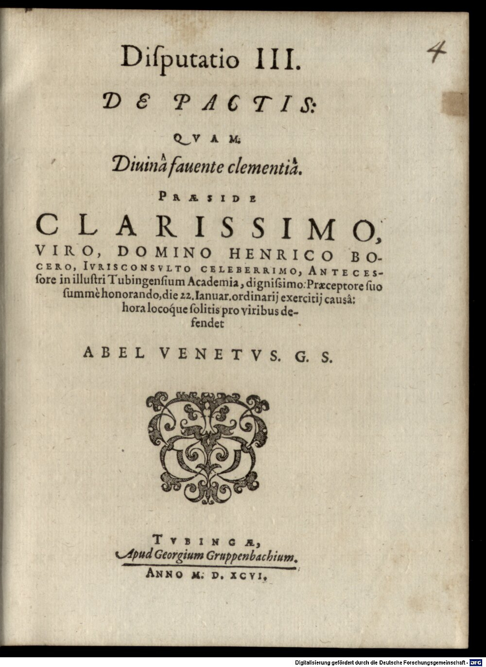 Bocer, Heinrich: Classis I. disp. III. de pactis Tubinga 1596 (4 Diss. 1293#Beibd.4)