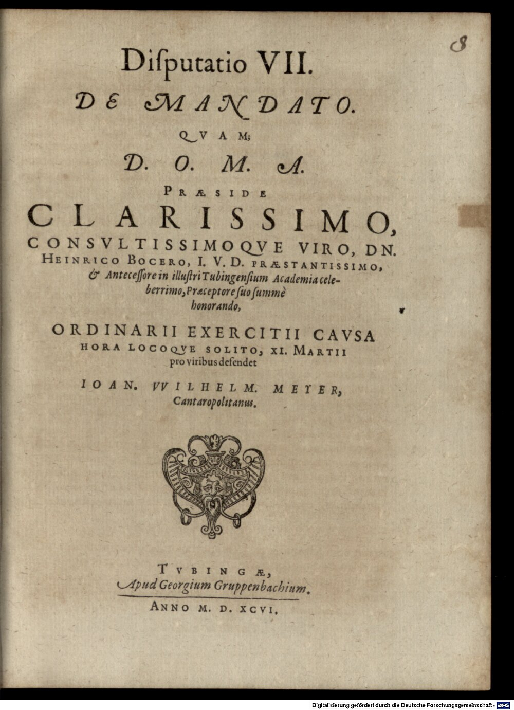 Bocer, Heinrich: Classis I. disp. VII. de mandato Tubinga 1596 (4 Diss. 1293#Beibd.8)