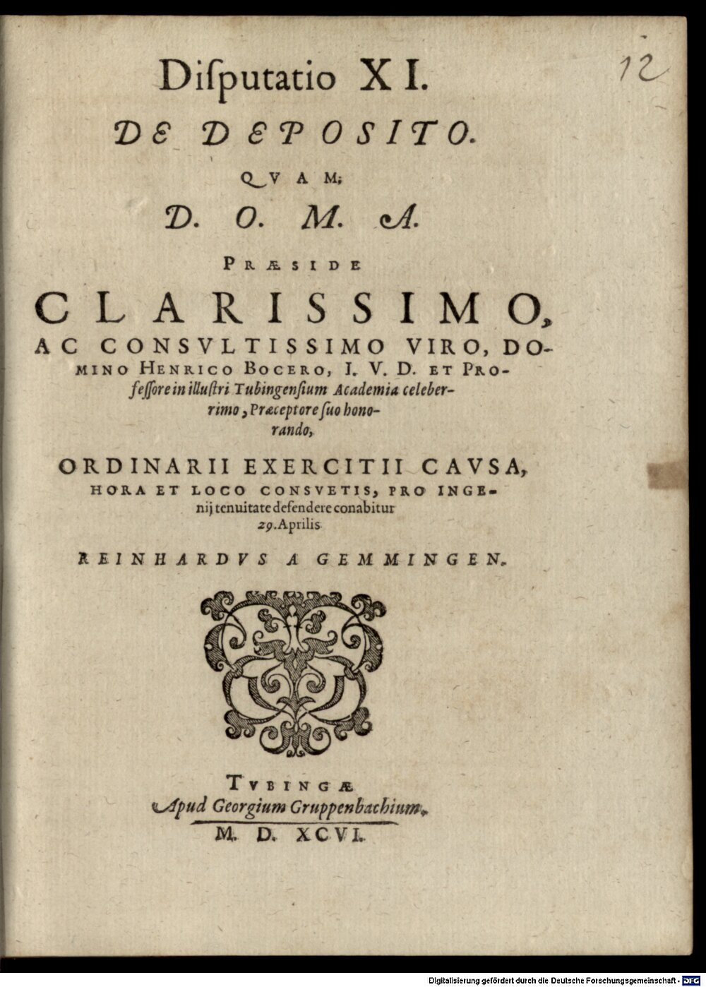 Bocer, Heinrich: Classis I. disp. XI. de deposito Tubinga 1596 (4 Diss. 1293#Beibd.12)