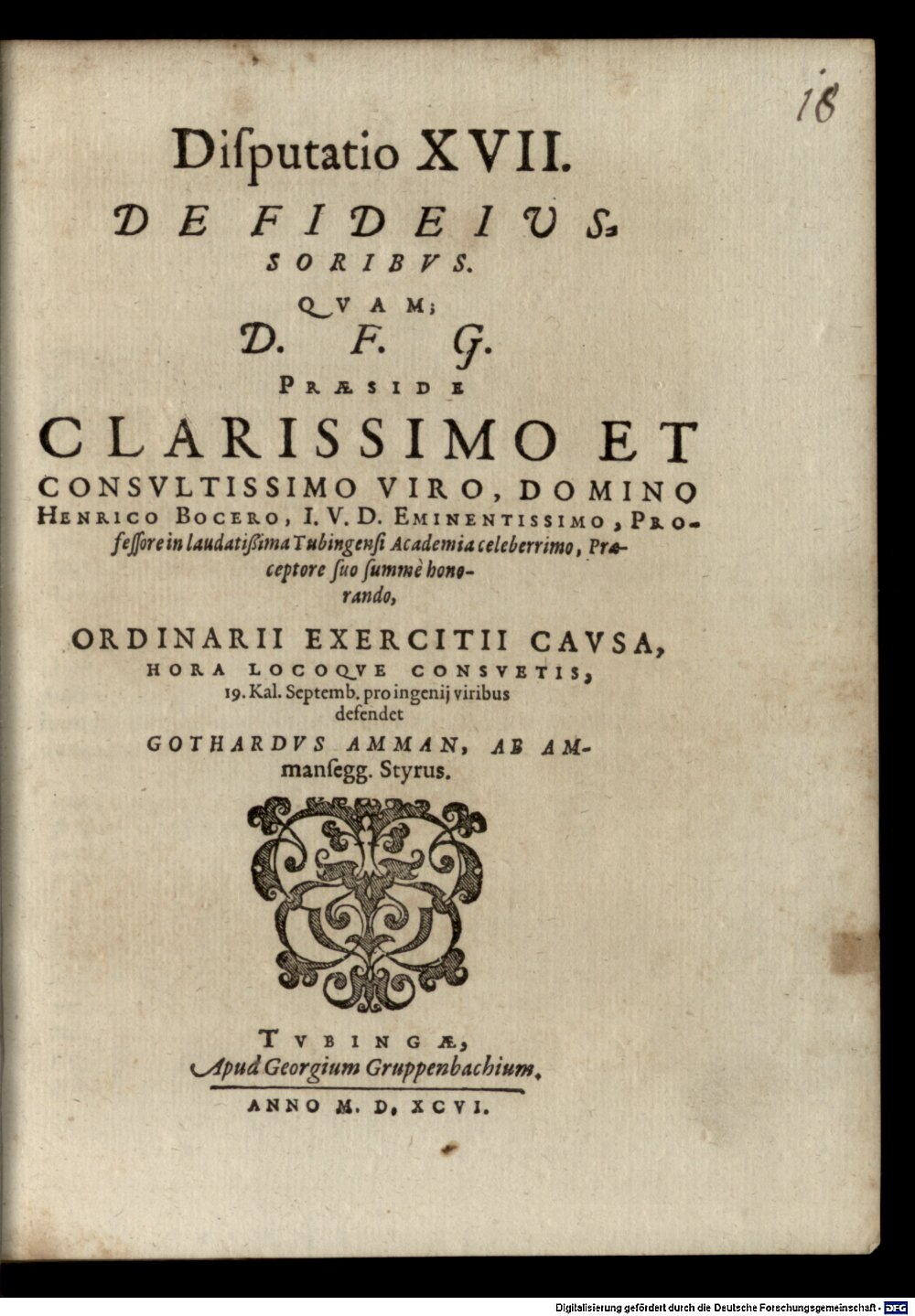 Bocer, Heinrich: Classis I. disp. XVII. de fideiussoribus Tubinga 1596 (4 Diss. 1293#Beibd.18)