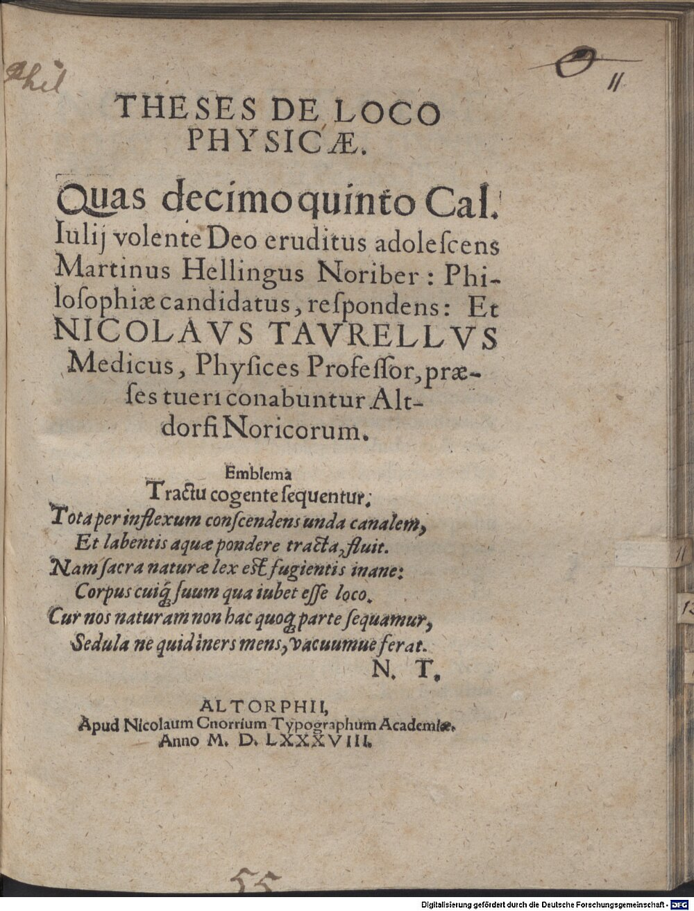 Taurellus, Nicolaus: Theses De Loco Physicae Altdorphii 1588 (4 Diss. 1868#Beibd.11)
