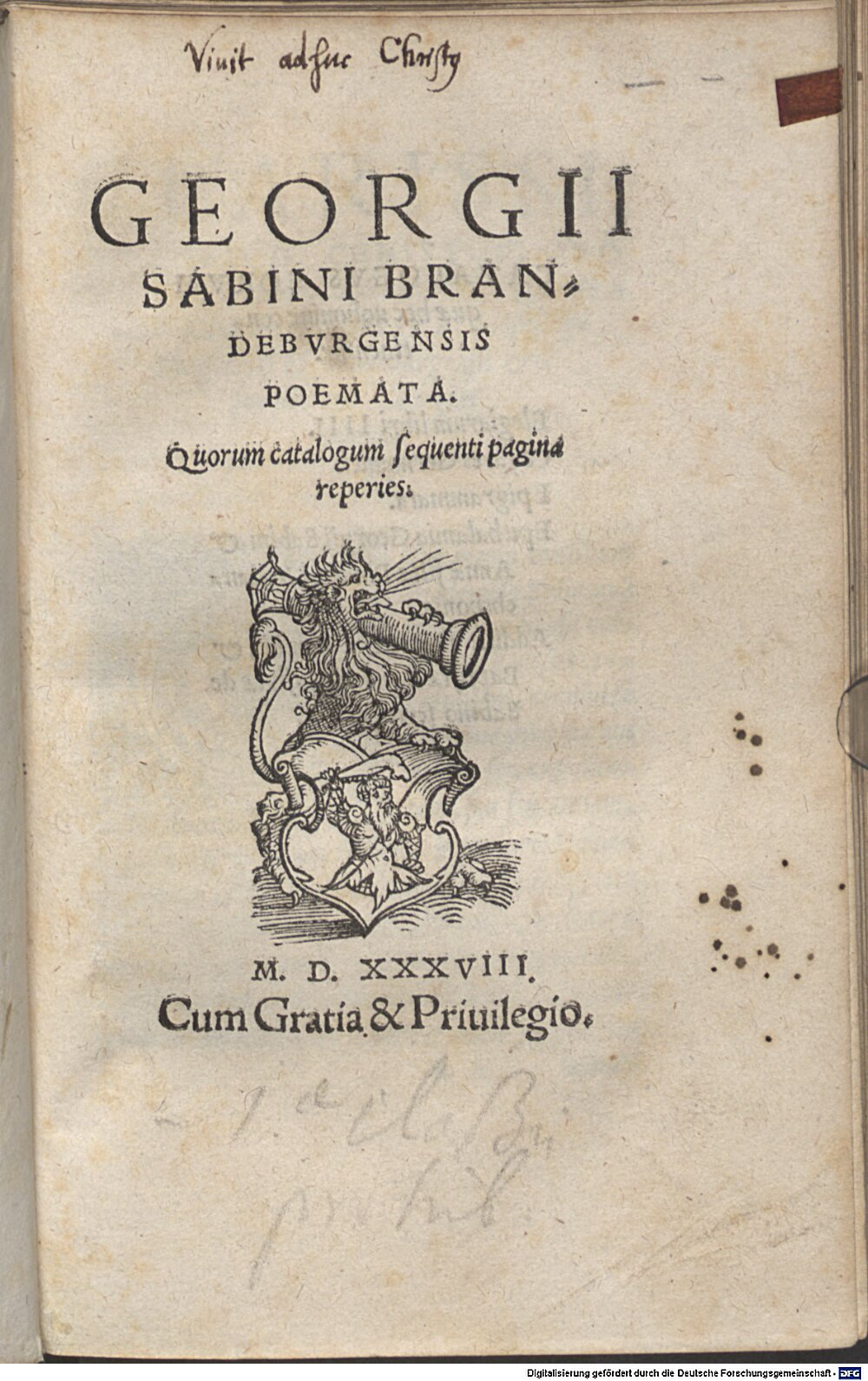 Sabinus, Georg: Georgii Sabini Brandeburgensis Poemata Argentoratum 1538 (A.gr.a. 2063#Beibd.1)
