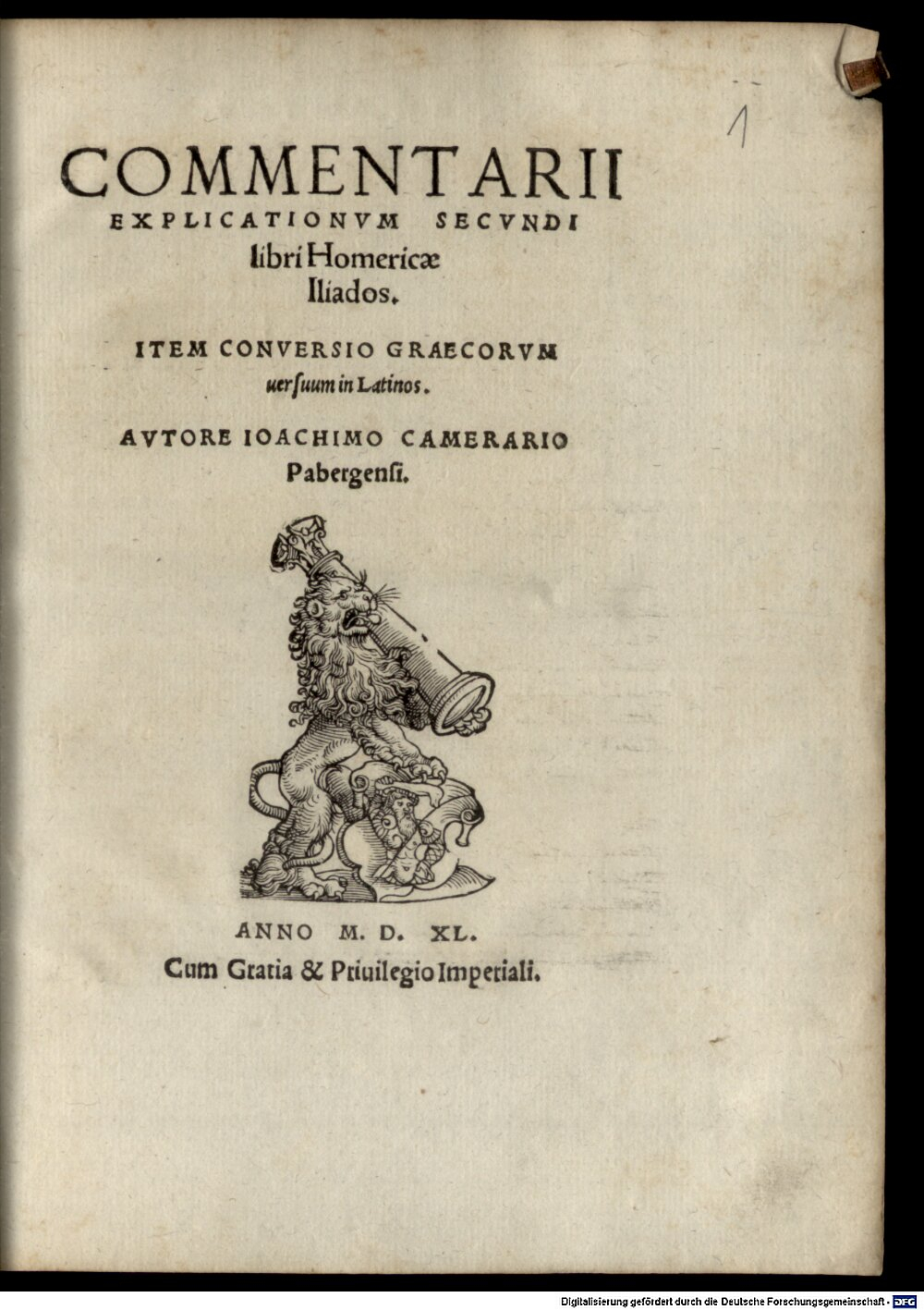 Camerarius, Joachim: Commentarii explicationum secundi libri Homericae Iliados Argentoratum 1540 (4 A.gr.a. 427#Beibd.1)