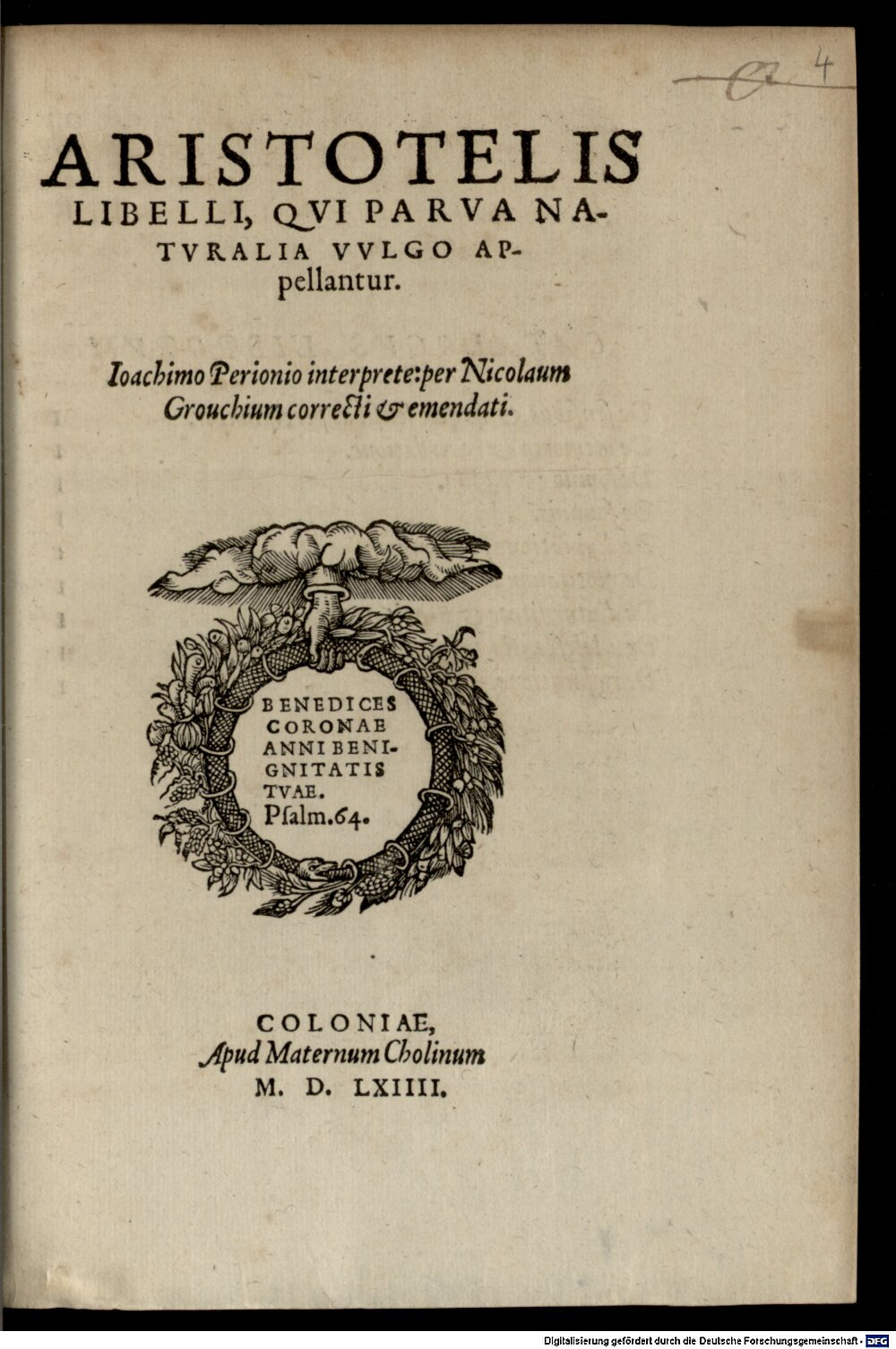 Aristoteles: Libelli, qui parva naturalia vulgo appellantur Colonia 1564 (4 A.gr.b. 275#Beibd.4)