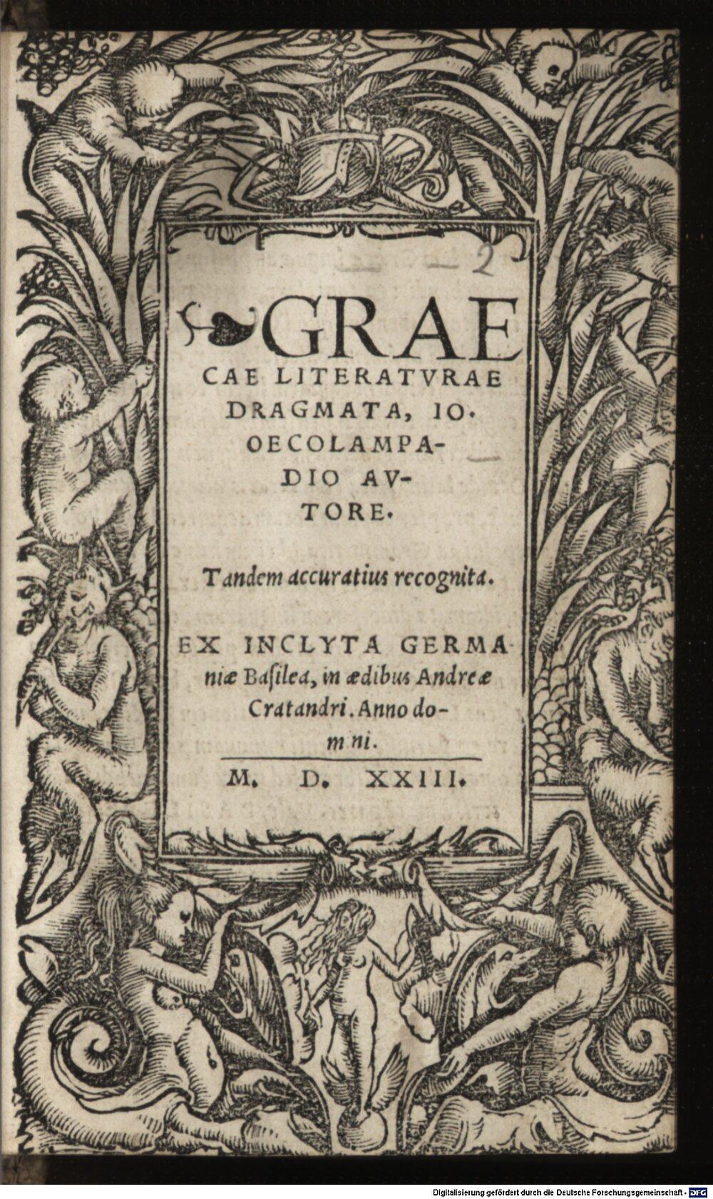 Oecolampadius, Johannes: Graecae literaturae Dragmata Basilea 1523 (A.gr.b. 148#Beibd.2)