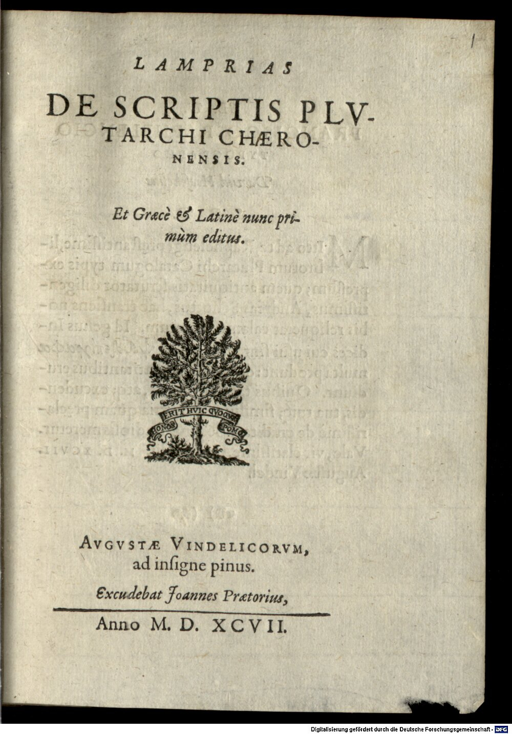 Lamprias: Lamprias De Scriptis Plvtarchi Chaeronensis Augusta Vindelicorum 1597 (4 A.gr.b. 136#Beibd.1)
