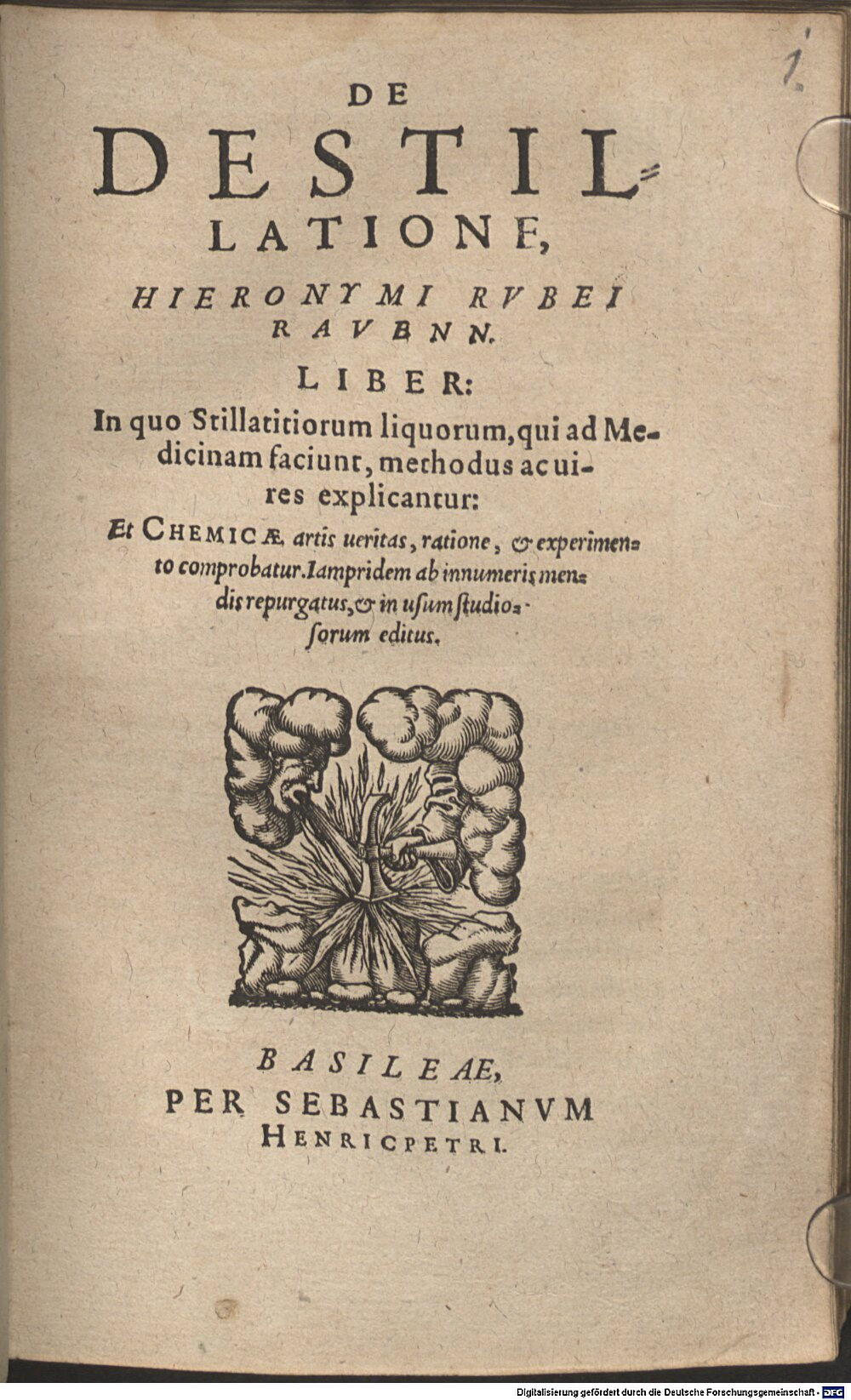 Rossi, Girolamo: De Destillatione Hieronymi Rvbei Ravenn. Basileae 1585 (Alch. 218#Beibd.1)