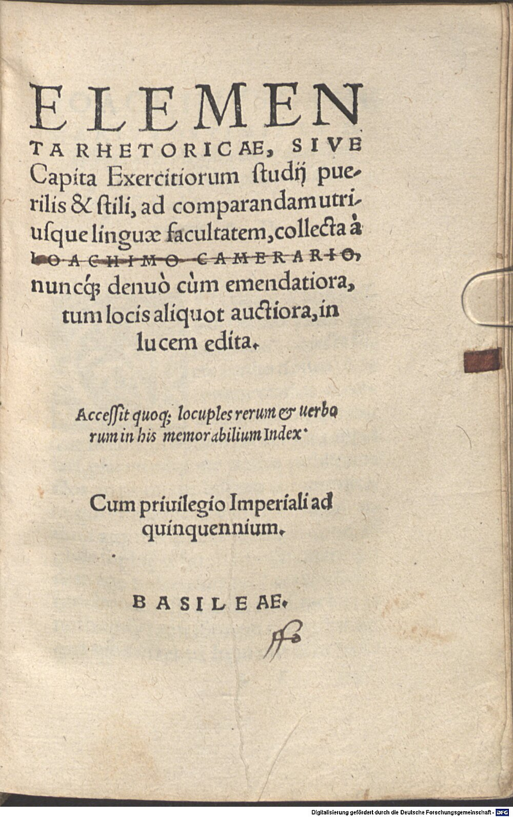 Camerarius, Joachim: Elementa Rhetoricae Basilea 1545 (A.gr.b. 405#Beibd.1)
