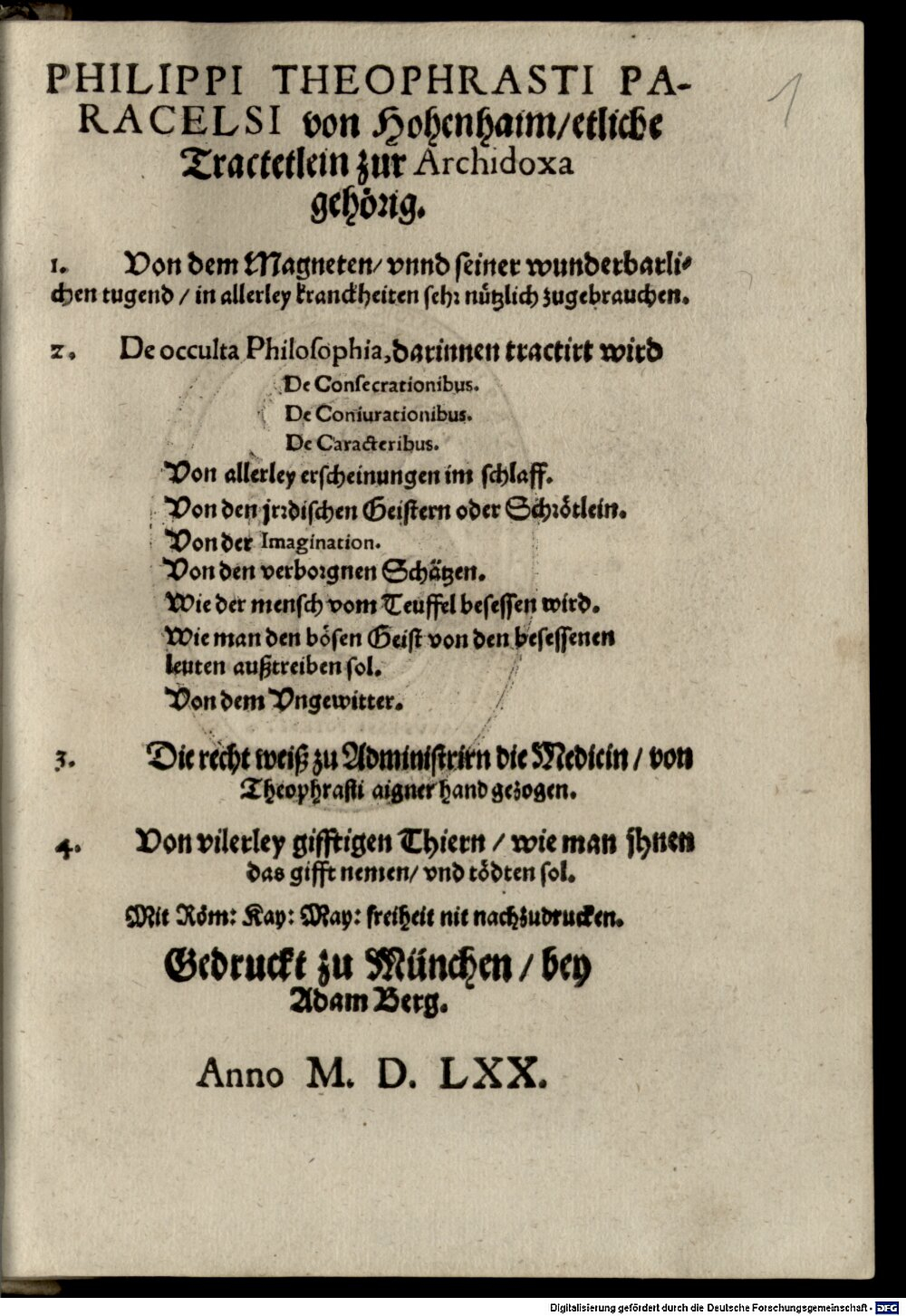 Paracelsus: Philippi Theophrasti Paracelsi von Hohenhaim etliche Tractetlein zur Archidoxa gehörig München 1570 (4 Alch. 85 m#Beibd.1)