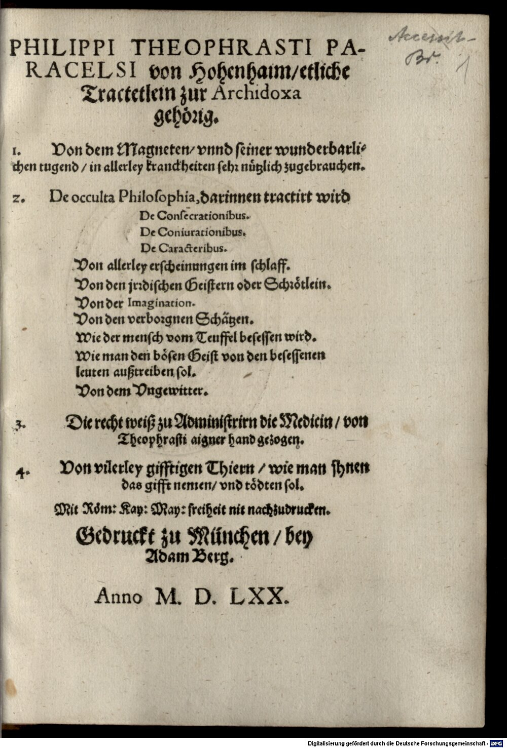 Paracelsus: Philippi Theophrasti Paracelsi von Hohenhaim etliche Tractetlein zur Archidoxa gehörig München 1570 (4 Alch. 86#Beibd.1)