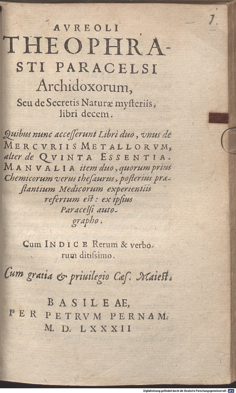 Paracelsus: Aureoli Theophrasti Paracelsi Archidoxorum, Seu de Secretis Naturae mysteriis, libri decem Basileae 1582 (Alch. 206 n#Beibd.1)
