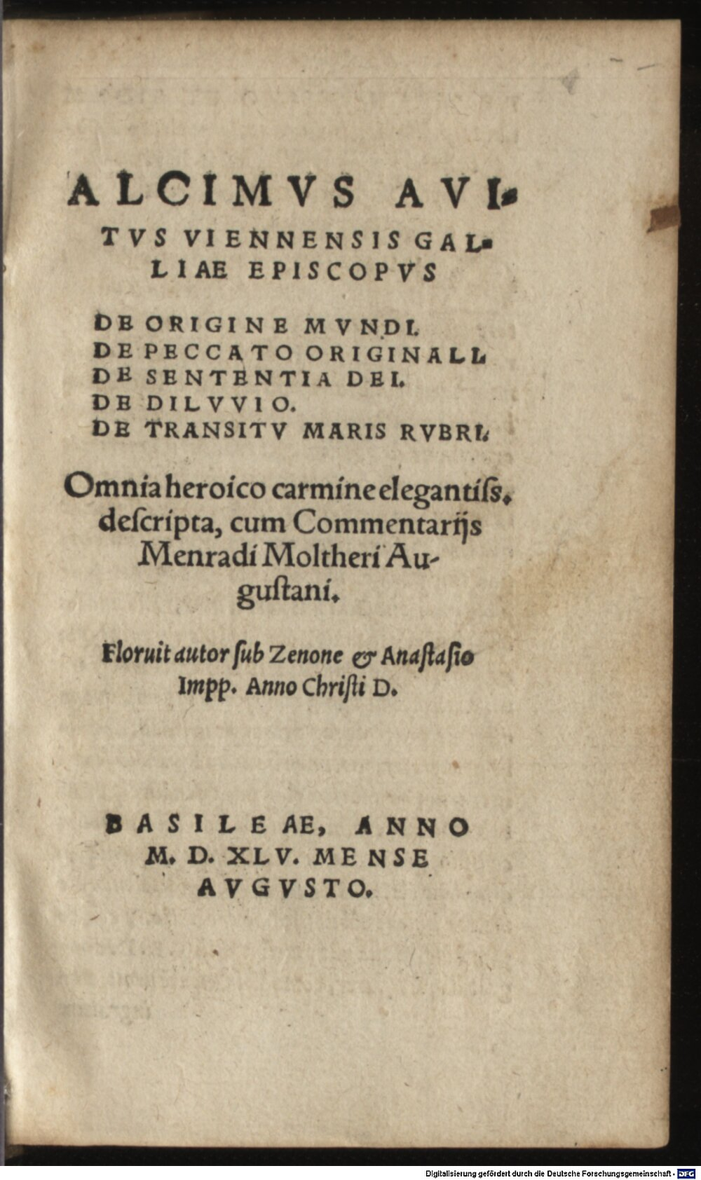 Avitus, Alcimus Ecdicius: Alcimvs Avitvs Viennensis Galliae Episcopvs De Origine Mvndi Basileae 1545 (A.gr.a. 2048#Beibd.1)