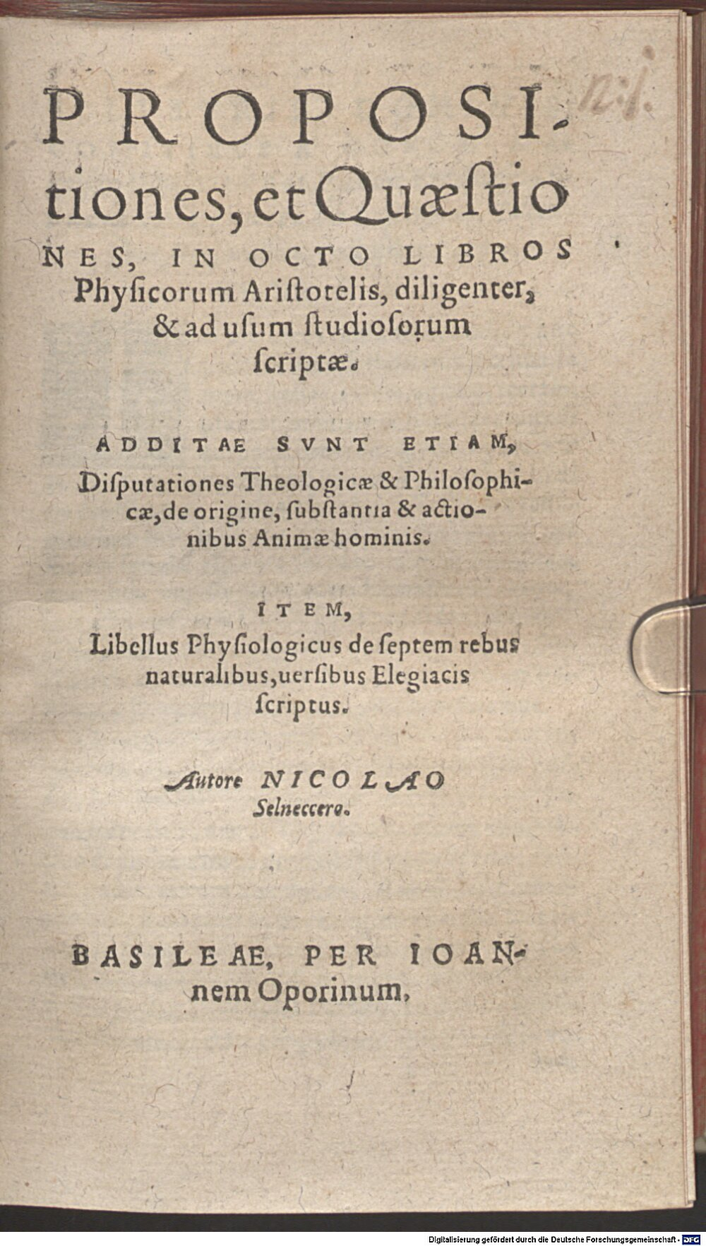 Selnecker, Nikolaus: Propositiones et quaestiones in VIII libros Physicorum Aristotelis Basilea 1561 (Alch. 162#Beibd.1)