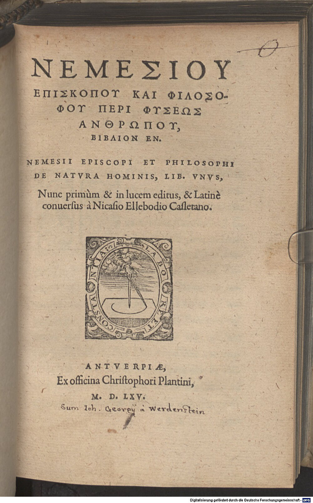 Nemesius <Emesenus>: De natura hominis Antverpia 1565 (A.gr.b. 730#Beibd.1)