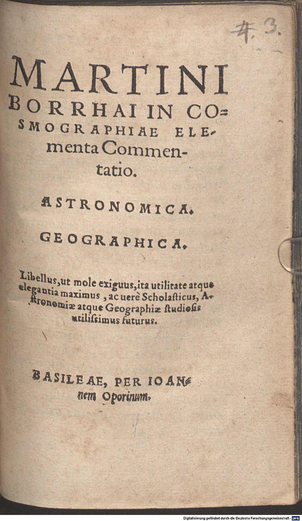 Borrhaus, Martin: Martini Borrhai In Cosmographiae Elementa Commentatio Basileae 1555 (Alch. 77#Beibd.3)