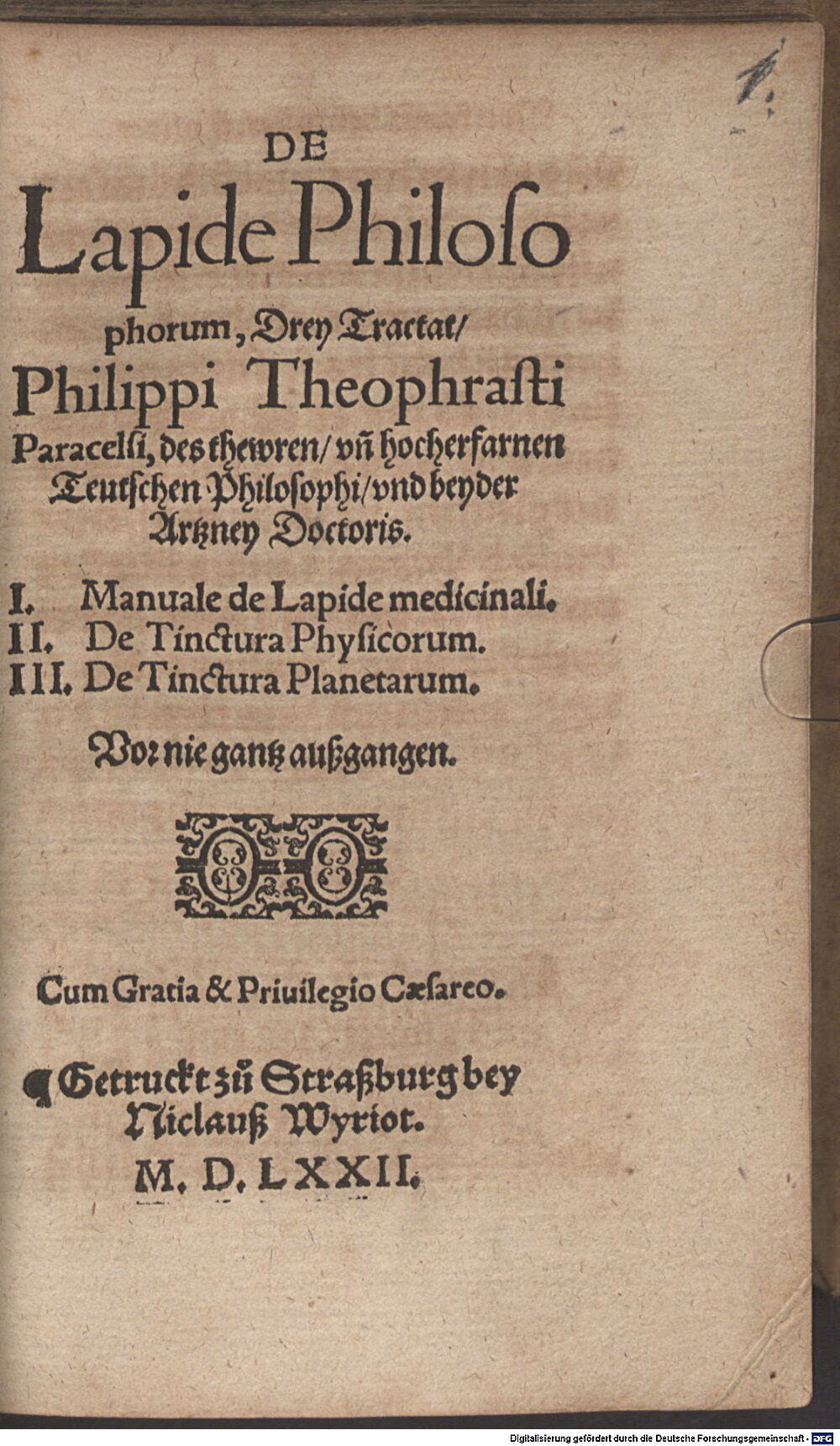 Paracelsus: De Lapide Philosophorum drey Tractat Straßburg 1572 (Alch. 206 e#Beibd.1)