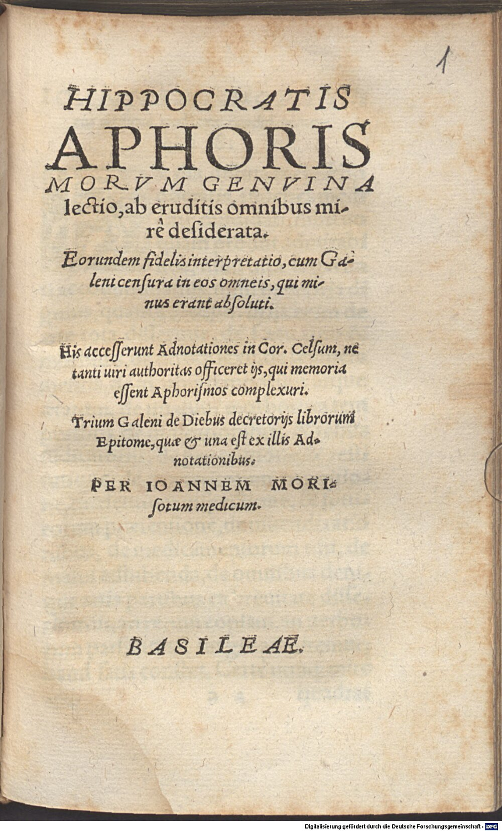 Hippocrates: Hippocratis Aphorismorvm Genvina lectio Basileae 1547 (A.gr.b. 1832#Beibd.1)