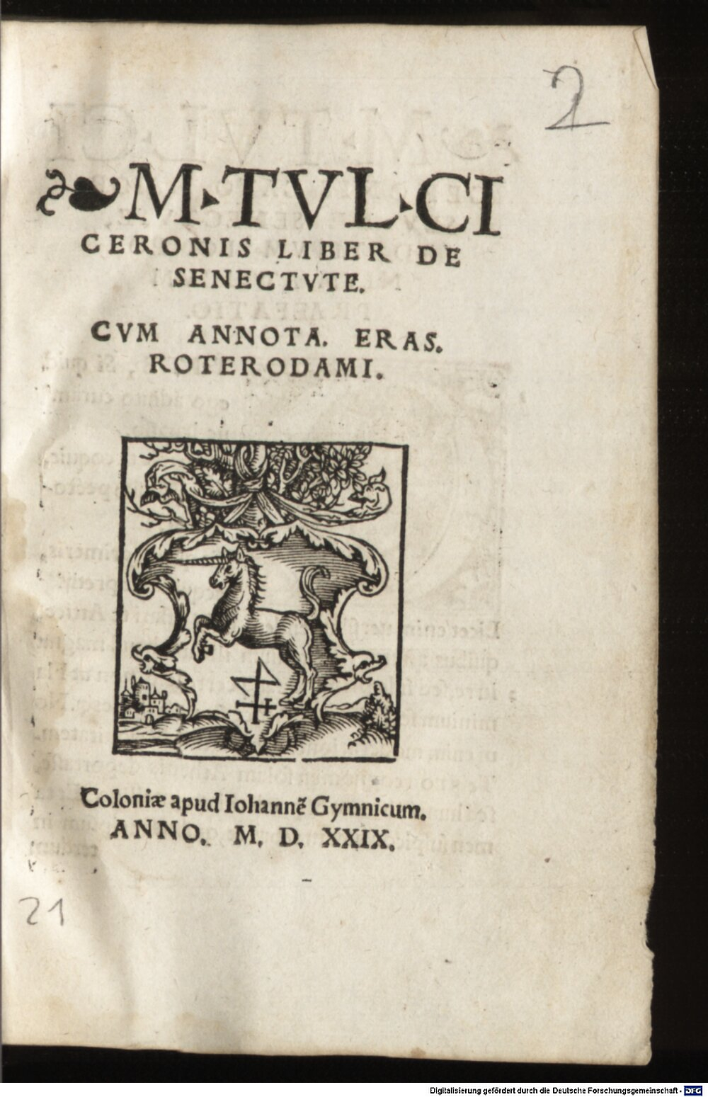 Cicero, Marcus Tullius: De Senectute Colonia 1529 (A.lat.b. 447#Beibd.2)