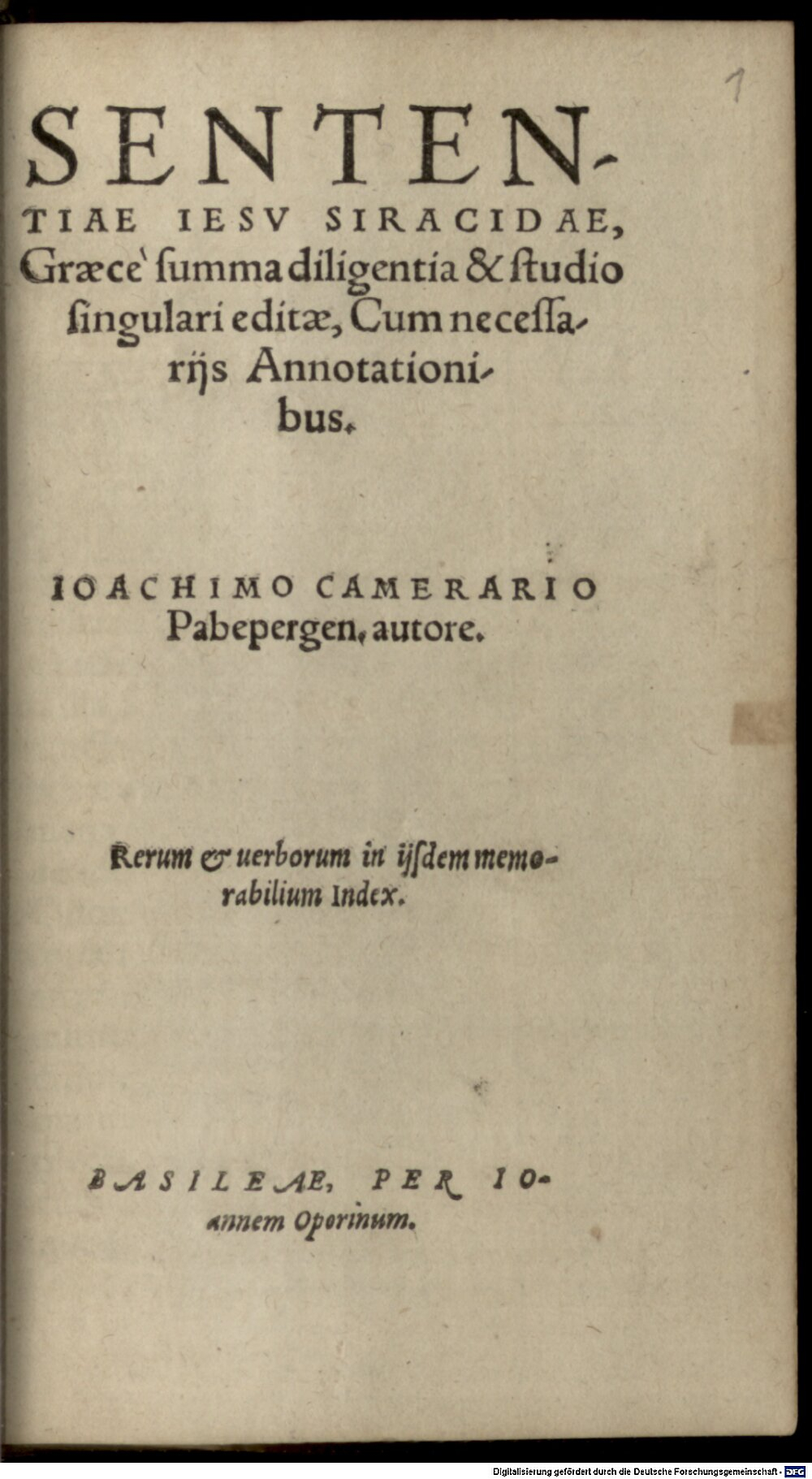 Camerarius, Joachim: Sententiae Jesu Siracidae Basilea 1555 (A.gr.b. 2162#Beibd.1)