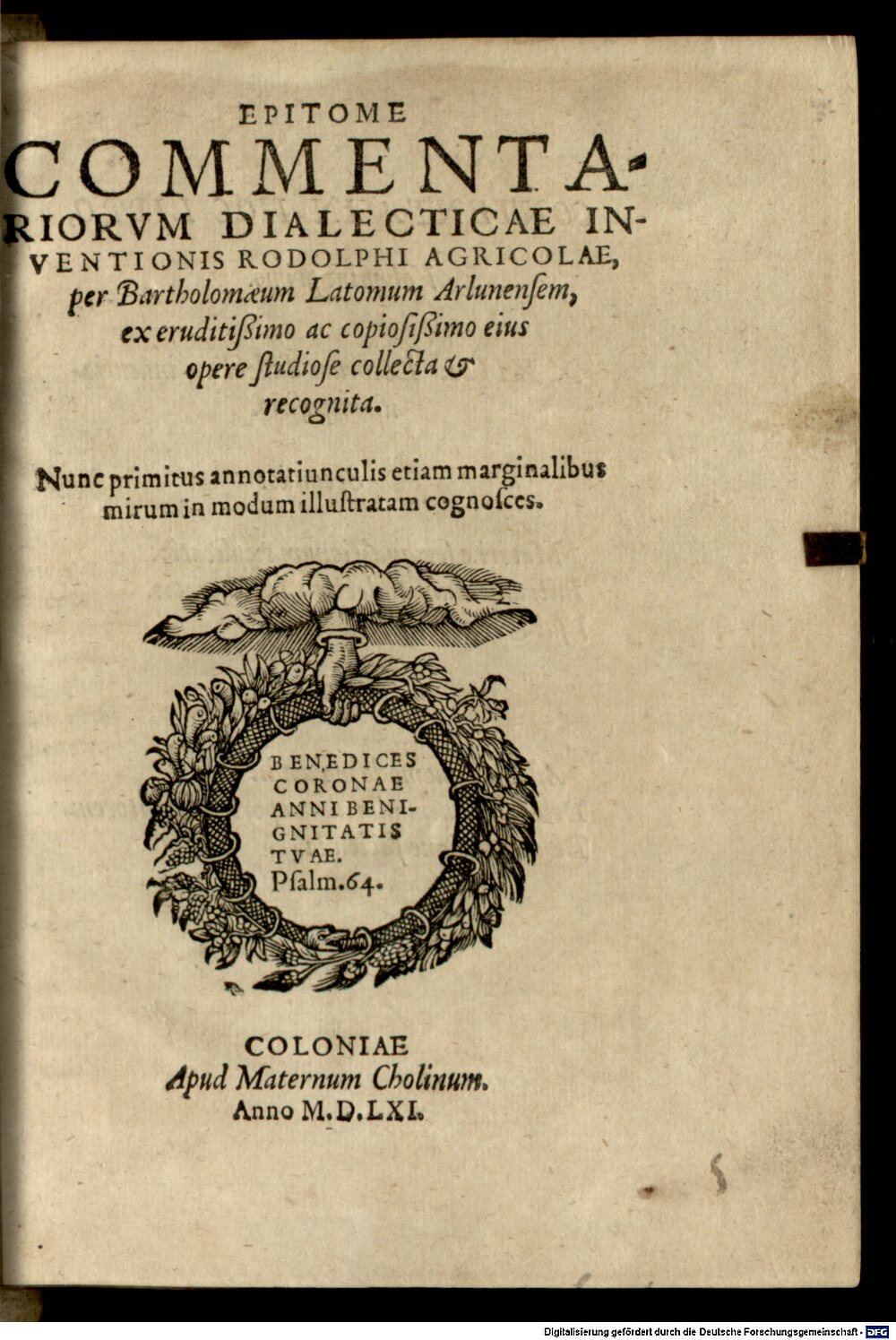 Agricola, Rudolf: Epitome commentariorum dialecticae inventionis Rodolphi Agricolae Colonia 1561 (A.gr.b. 3613#Beibd.2)
