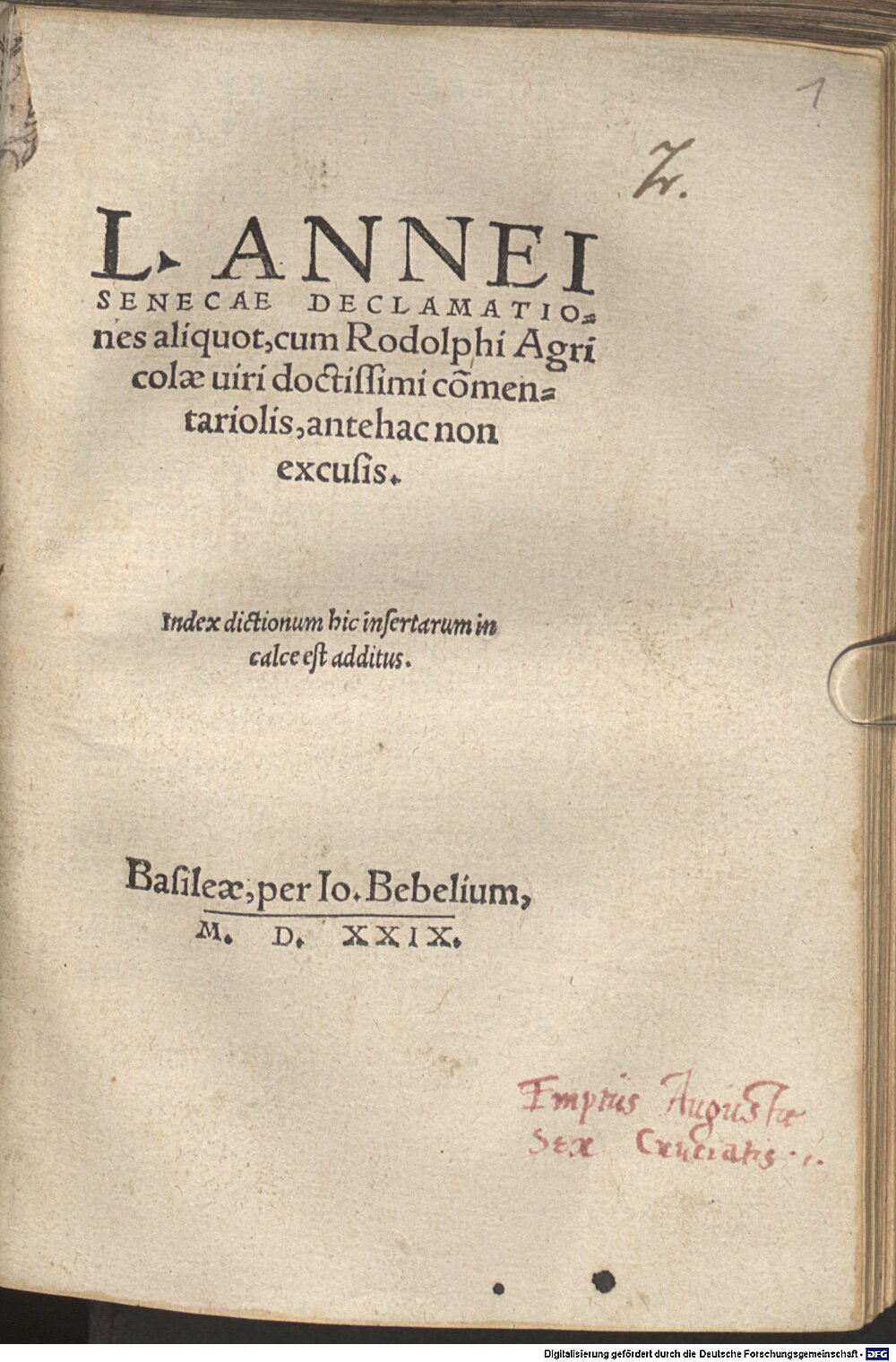 Seneca, Lucius Annaeus <Rhetor>: Declamationes aliquot Basilea 1529 (A.lat.a. 47#Beibd.1)