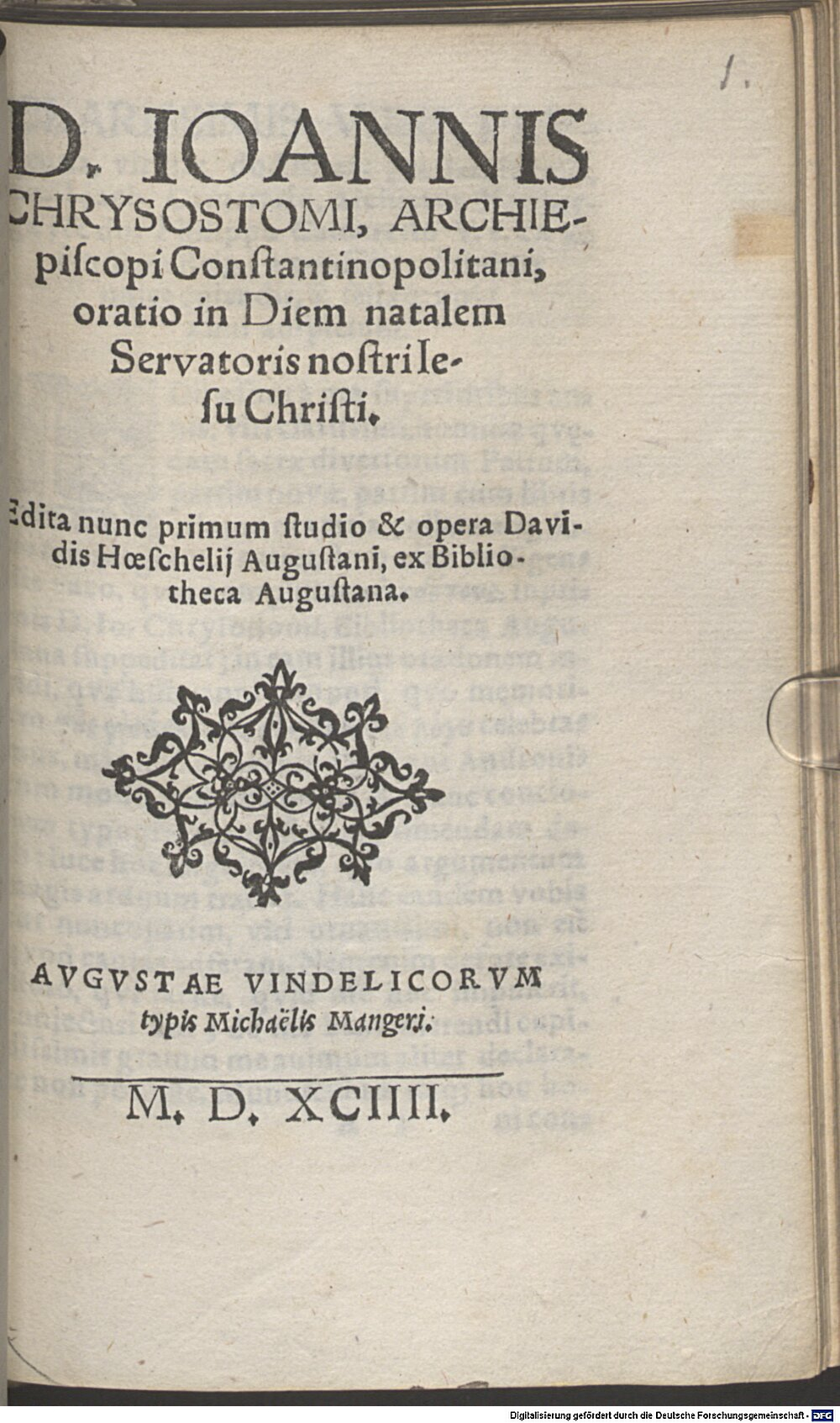 Johannes <Chrysostomus>: Oratio in diem natalem Servatoris nostri Iesu Christi Augusta Vindelicorum 1594 (A.gr.c. 90#Beibd.1)