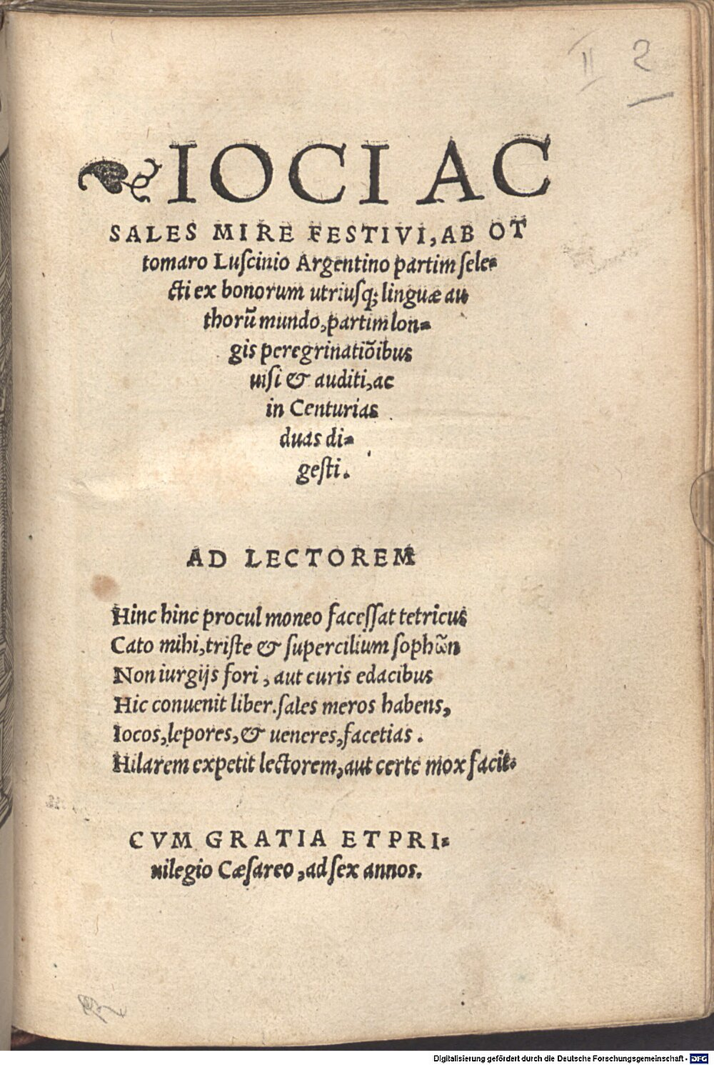 Luscinius, Ottmar: Ioci ac sales mire festivi Augustae Vindelicorum 1524 (A.gr.c. 12#Beibd.2)