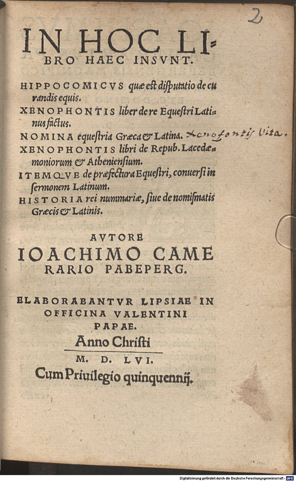 Xenophon: Hippocomicus, quae est disputatio de curandis equis Lipsiae 1556 (A.gr.b. 3492#Beibd.1)