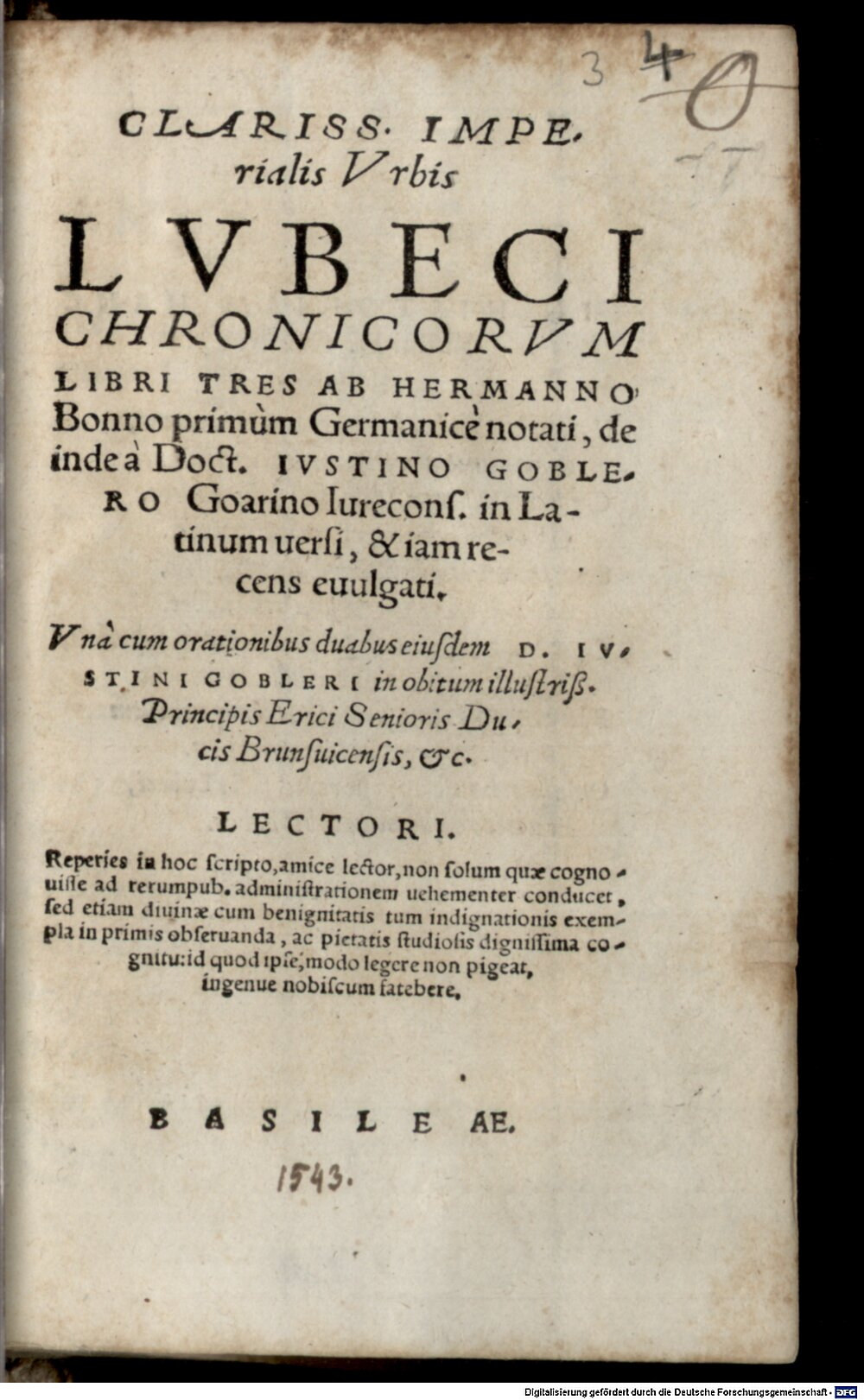 Bonnus, Hermann: Clariss. Imperialis Urbis Lubeci Chronicorum libri tres Basileae 1543 (A.gr.b. 884#Beibd.3)