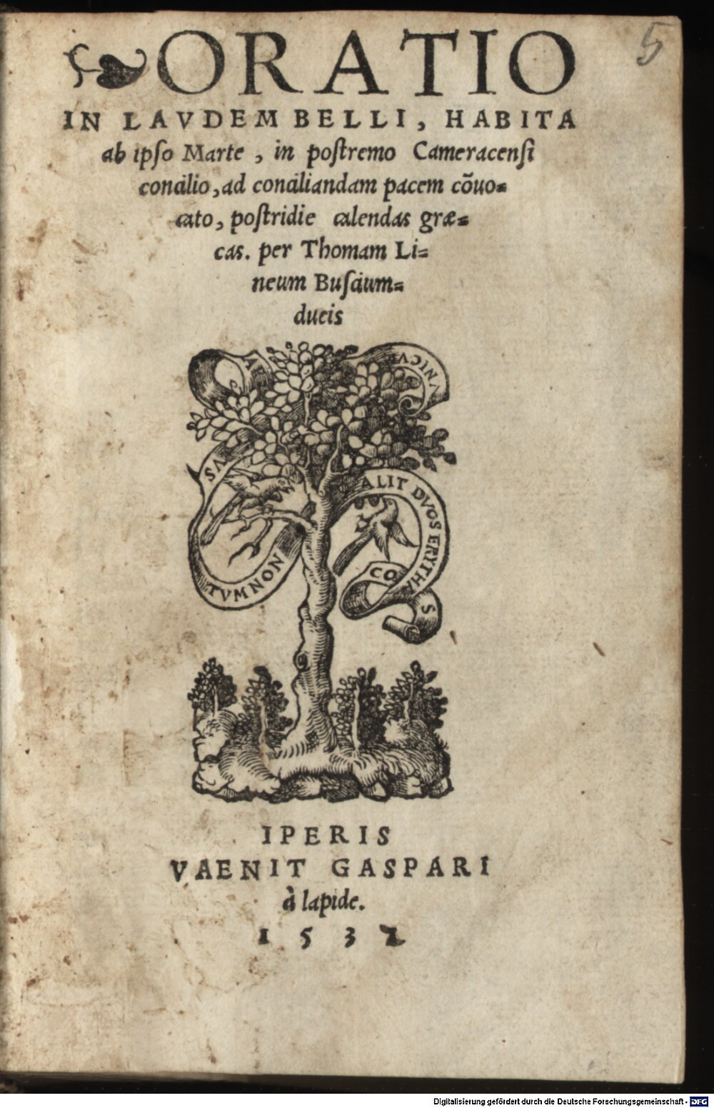 Lineus, Thomas: Oratio in laudem Belli Paris 1531 (A.gr.b. 3085#Beibd.5)